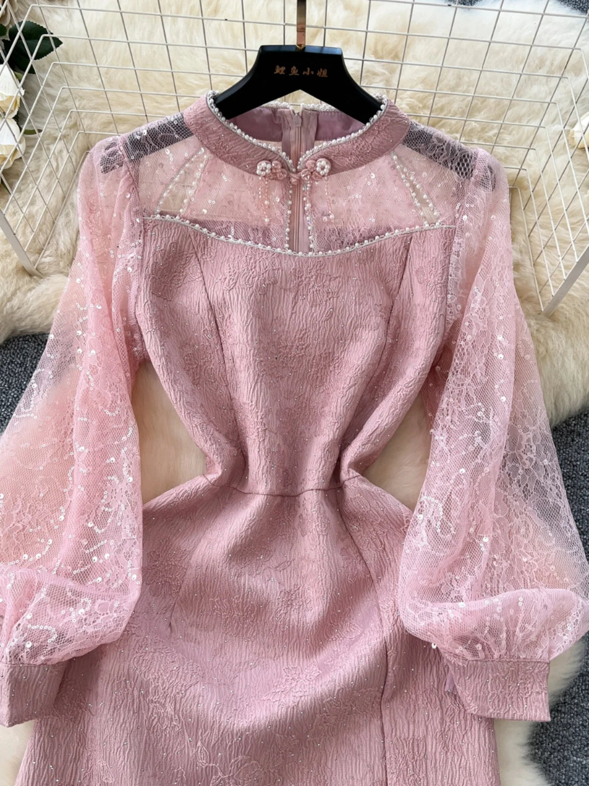 Elegant Chinese Style Retro Long Sleeve Sequin Lace Party Dress for Women - Pink Patchwork Short Evening Gown for Autumn 2024 | Perfect for Cocktail Parties, Weddings & Special Occasions
