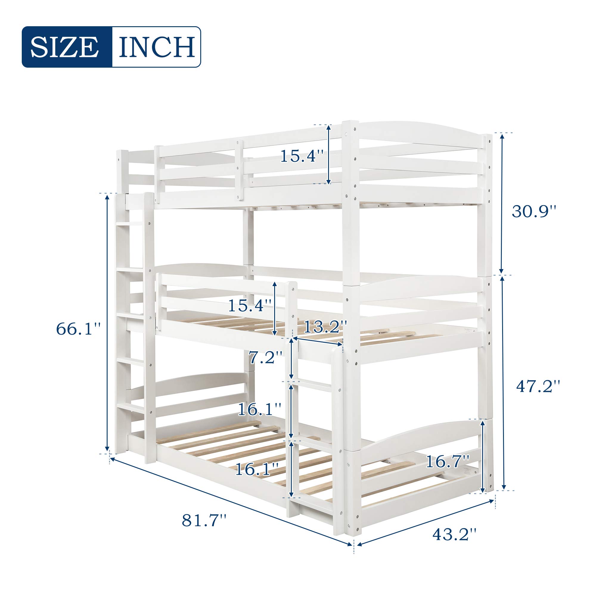 JULYFOX Triple Bunk Bed - Twin Over Twin Over Twin Solid Wood Frame, White Space-Saving Floor Bunk Bed with Ladders & Guard Rails (No Box Springs Needed) - Perfect for Kids' Bedrooms, Dorms, and Small Spaces