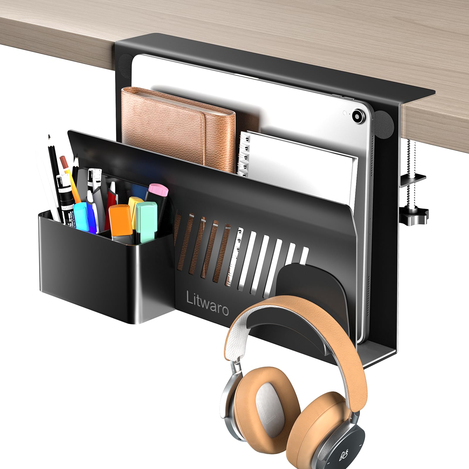 Litwaro Under Desk Laptop Mount & Organizer - No Drill Magnetic Laptop Holder with Pen Storage & Sticky Headphone Hook - Fits Flat Edges 0.4