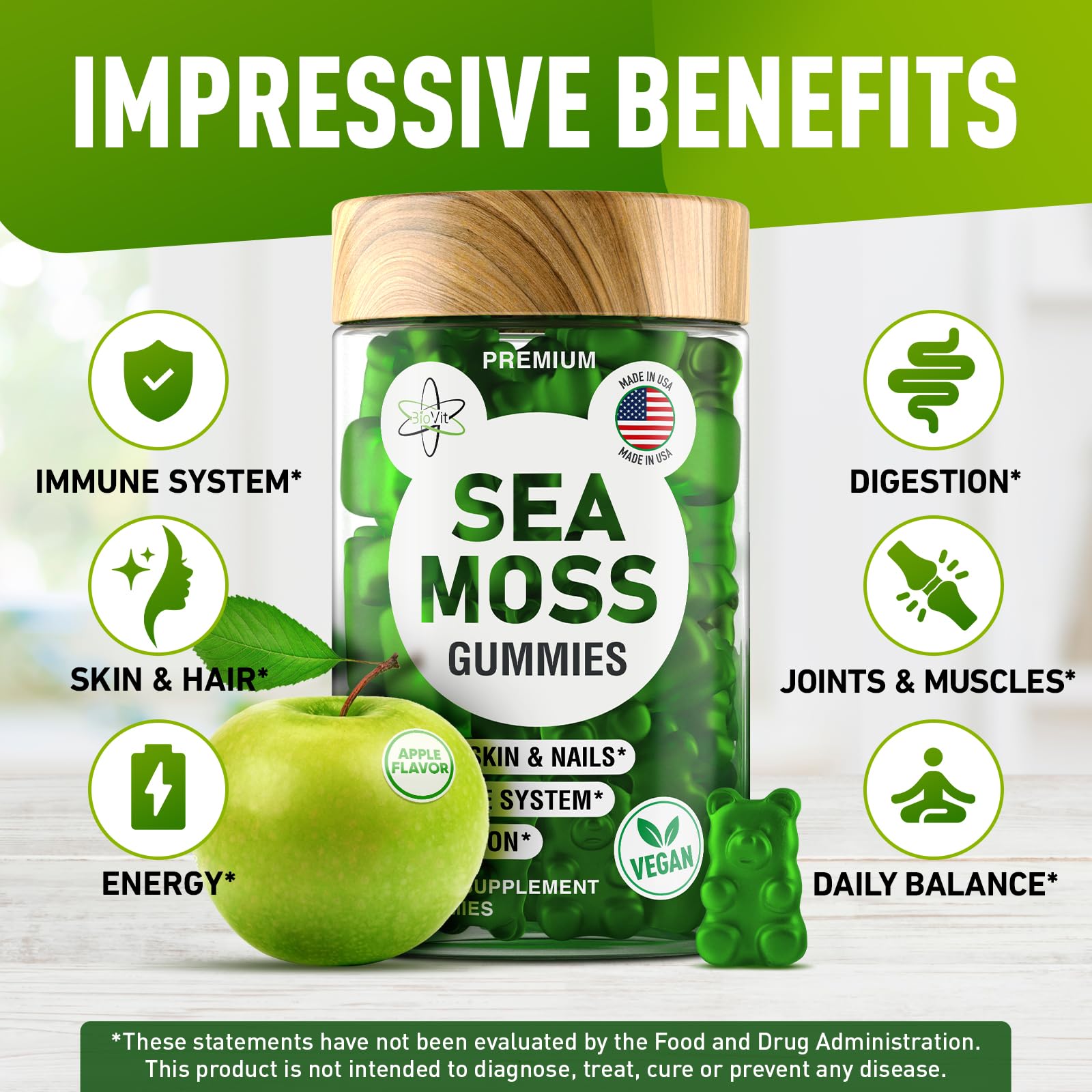 Organic Sea Moss Gummies for Adults & Kids - Wildcrafted Irish Sea Moss with Bladderwrack & Burdock Root - 60 Vegan Gummy Supplements for Immune Support & Digestion - Perfect for Daily Wellness & Family Health