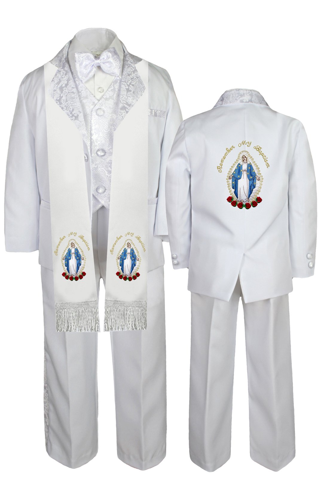 Baby Boy Baptism Outfit - White Tuxedo with Paisley Design & Virgin Mary Stole | Formal Christening Suit for Toddlers | Perfect for First Communion, Baptism Ceremonies & Special Occasions