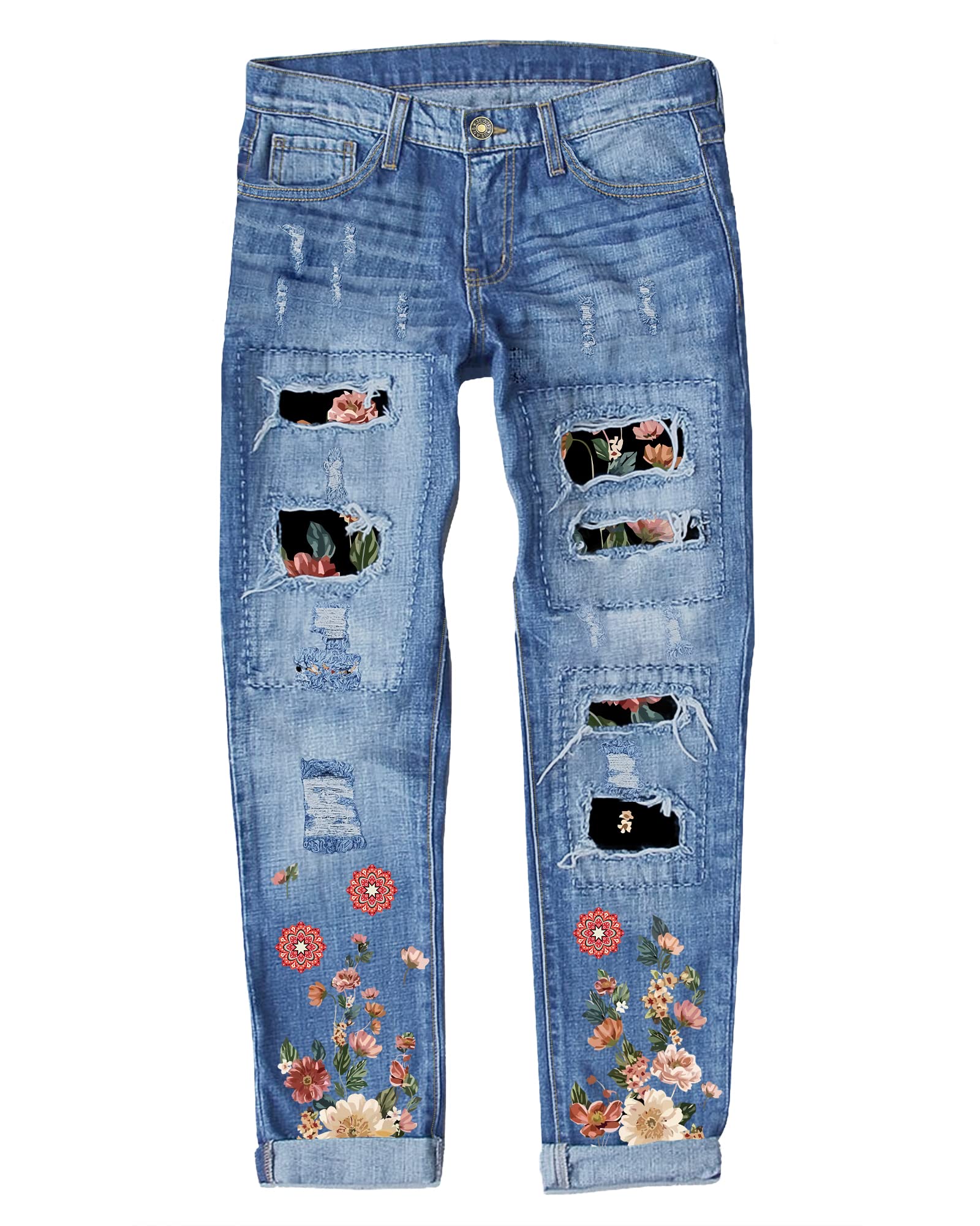 Luvamia Women's Boyfriend Jeans - Ripped Distressed Stretch Denim Pants with Patchwork Design | Casual Streetwear & Everyday Comfort