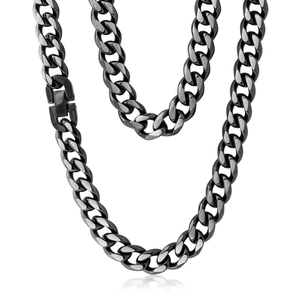 55cm Stainless Steel Reversible Black/Silver Curb Chain Necklace for Men & Women - Perfect for Layering, Everyday Wear and Gift Giving