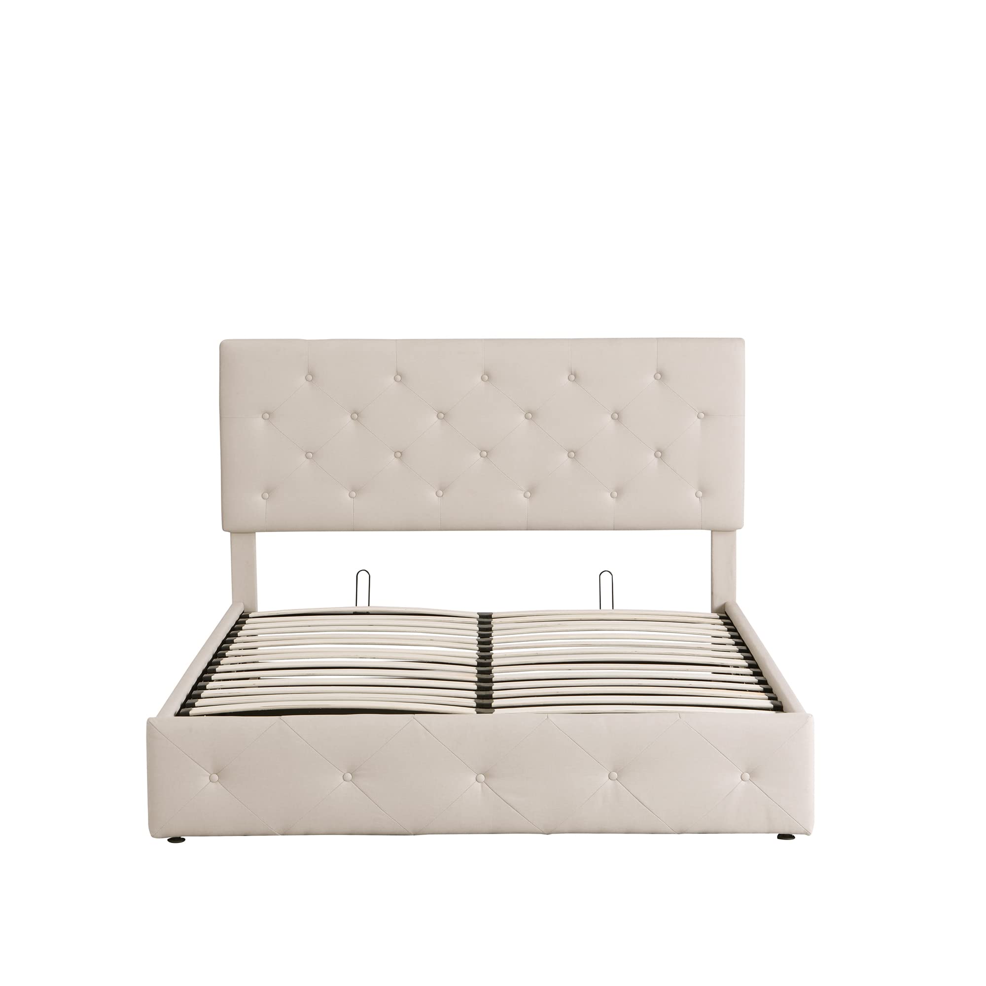 Queen Size Upholstered Platform Bed Frame with Gas Lift Storage & Tufted Headboard - Hydraulic Storage System, Wooden Base, Beige Fabric - Perfect for Small Bedrooms, Guest Rooms & Space-Saving Solutions