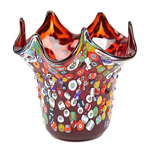 Authentic Murano Glass Millefiori Mosaic Fazzoletto Vase in Red - Handcrafted Venetian Art Glass Vase for Home Decor, Wedding Centerpiece & Luxury Gift