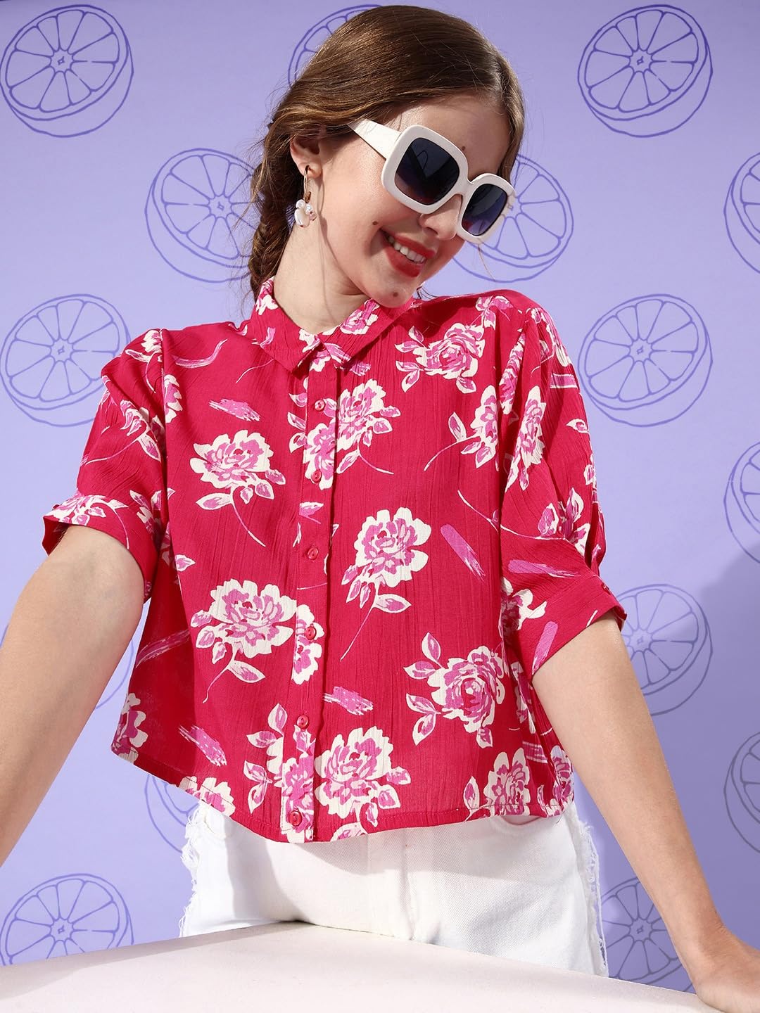 ALL YOURS Women's Slim Fit Floral Print Casual Shirt - Pink & White Cotton Blouse for Everyday Wear | Office, Date Night & Spring Outfits