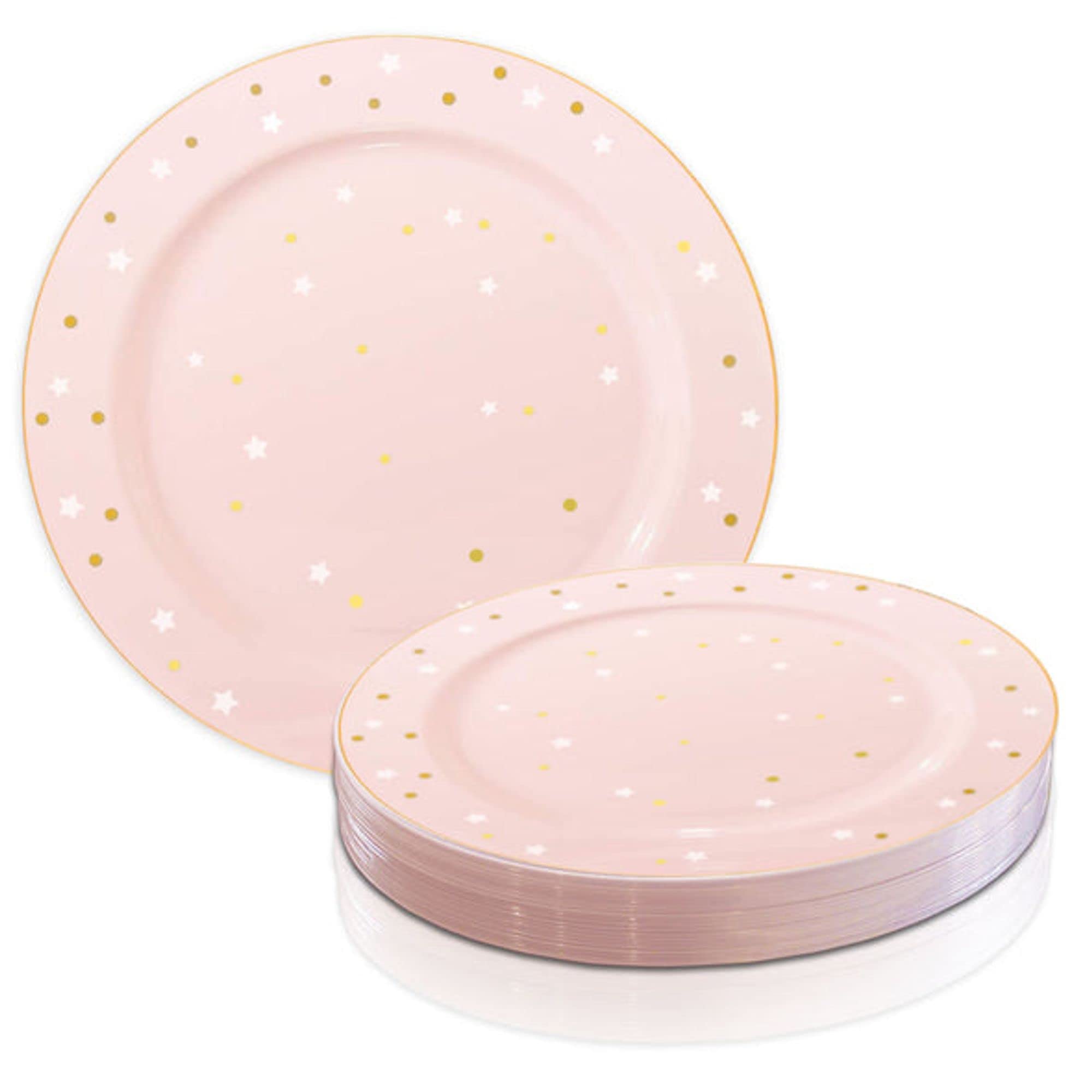 Disposable Plastic Salad Plates - 120 Pack Elegant Round Pink Gold White Dessert Appetizer Plates for Party, Wedding, Picnic & Catering Events | Durable & Stylish Dinnerware Supplies