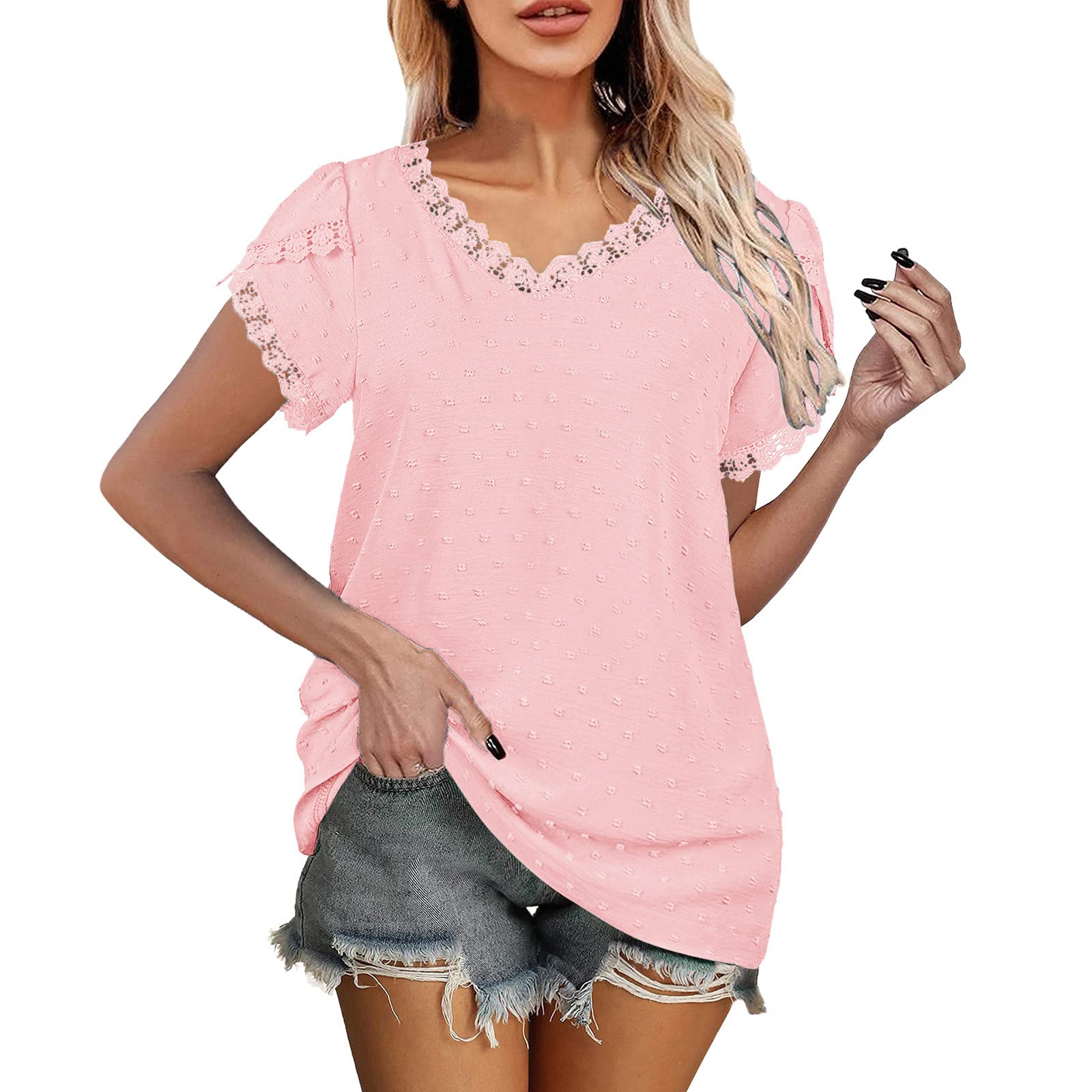 Women's Casual Work Tops - V Neck Lace Sleeve Loose Blouse Tee Shirts for Summer | Office Wear & Everyday Comfort