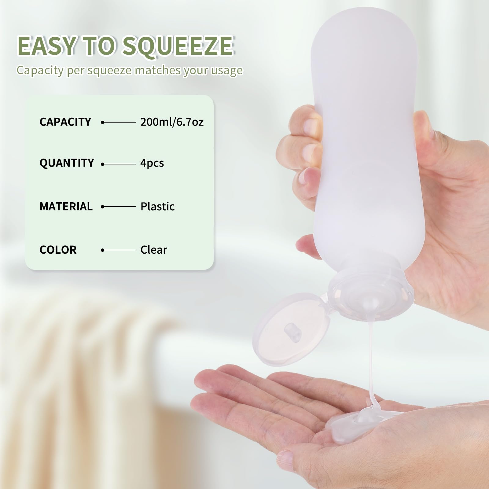 6.7oz (200ml) Clear Travel Shampoo Bottles - 4 Pack Empty Plastic Squeeze Bottles with Flip Top Cap | Leak-Proof Toiletry Containers for Shampoo, Conditioner, Lotion & Liquid Soap | Perfect for Travel, Gym, Camping & Home Use