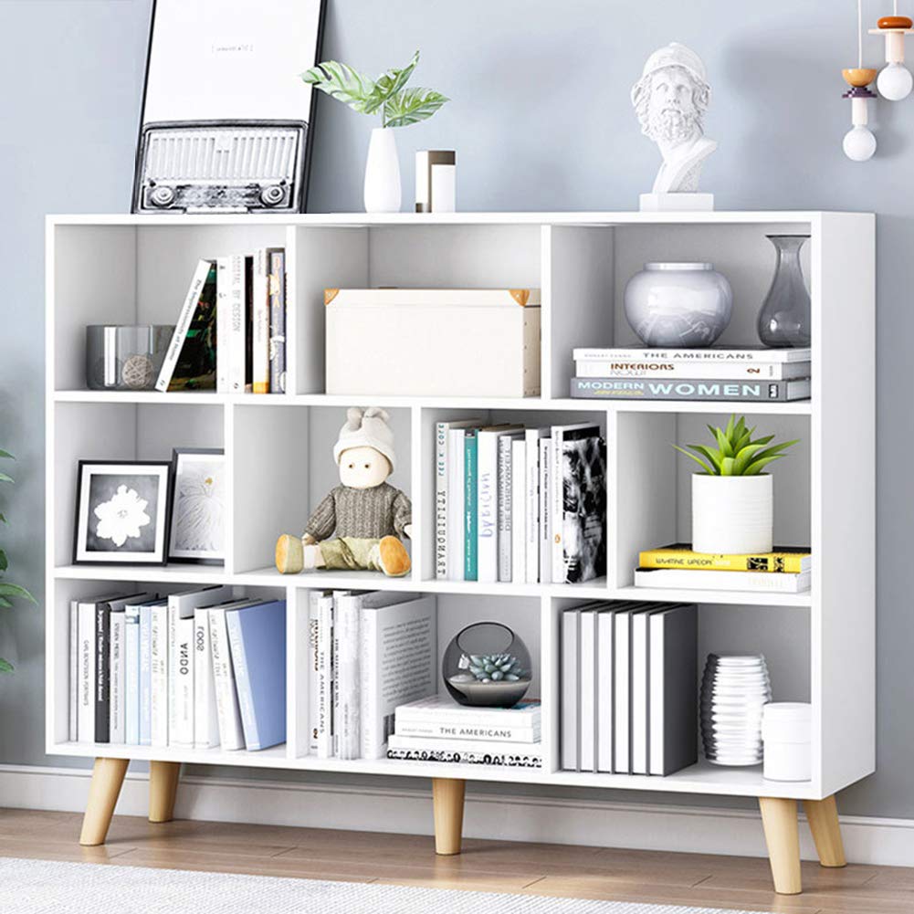 IOTXY 3-Tier Wooden Open Shelf Bookcase - Floor Standing Display Cabinet with 10 Storage Cubes, Modern Bookshelf for Living Room, Bedroom & Office - Warm White Finish for Home Decor & Organization