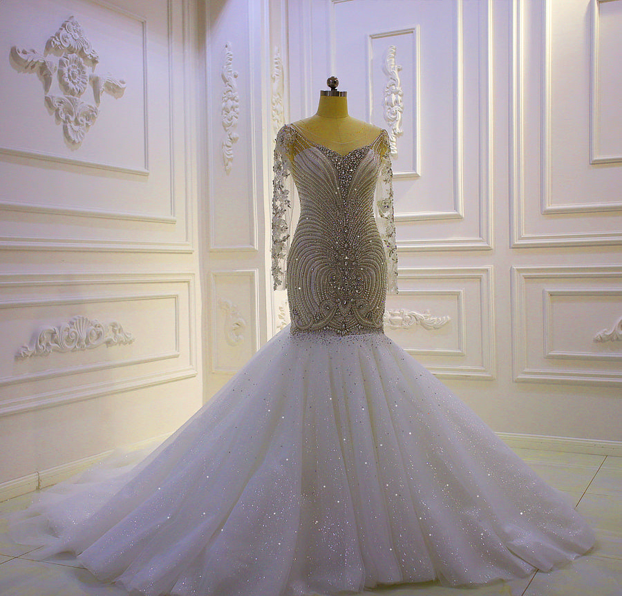 Elegant Long Sleeve Crystal Beaded Mermaid Wedding Dress AM869 - Perfect for Bridal Gowns, Evening Galas, and Formal Occasions