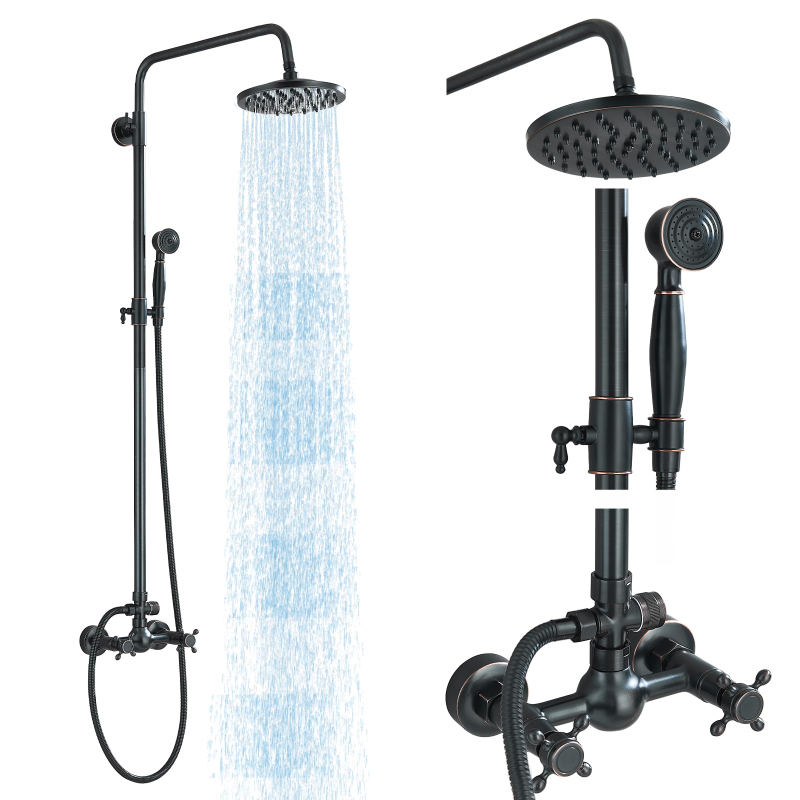 Oil Rubbed Bronze Rain Shower System - 8 Inch Rainfall Shower Head & Handheld Spray - Wall Mounted Solid Brass Faucet Set with 2 Cross Handles - Perfect for Outdoor & Bathroom Showers, Spa-Like Relaxation Experience