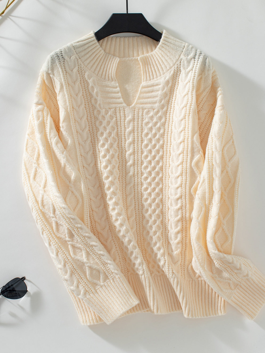 Cozy Cable Knit Notched Long Sleeve Sweater for Women - Winter Pullover with Elegant Neckline | Perfect for Office, Date Night & Holiday Outfits