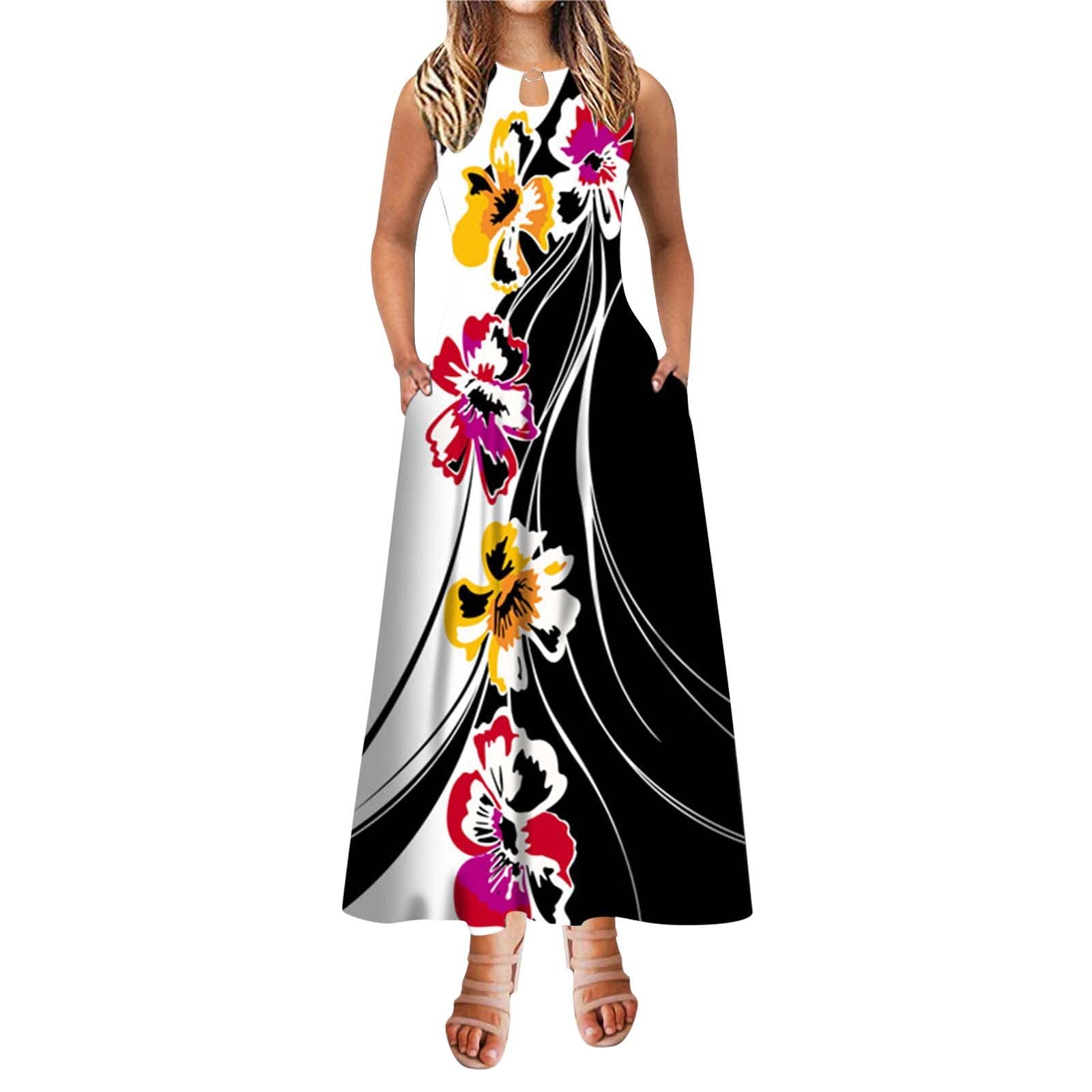 Women's Floral Print A-Line Maxi Dress - Sleeveless Summer Dress with Pockets, Round Neck, Casual Peach Long Dress for Beach, Vacation & Outdoor Events