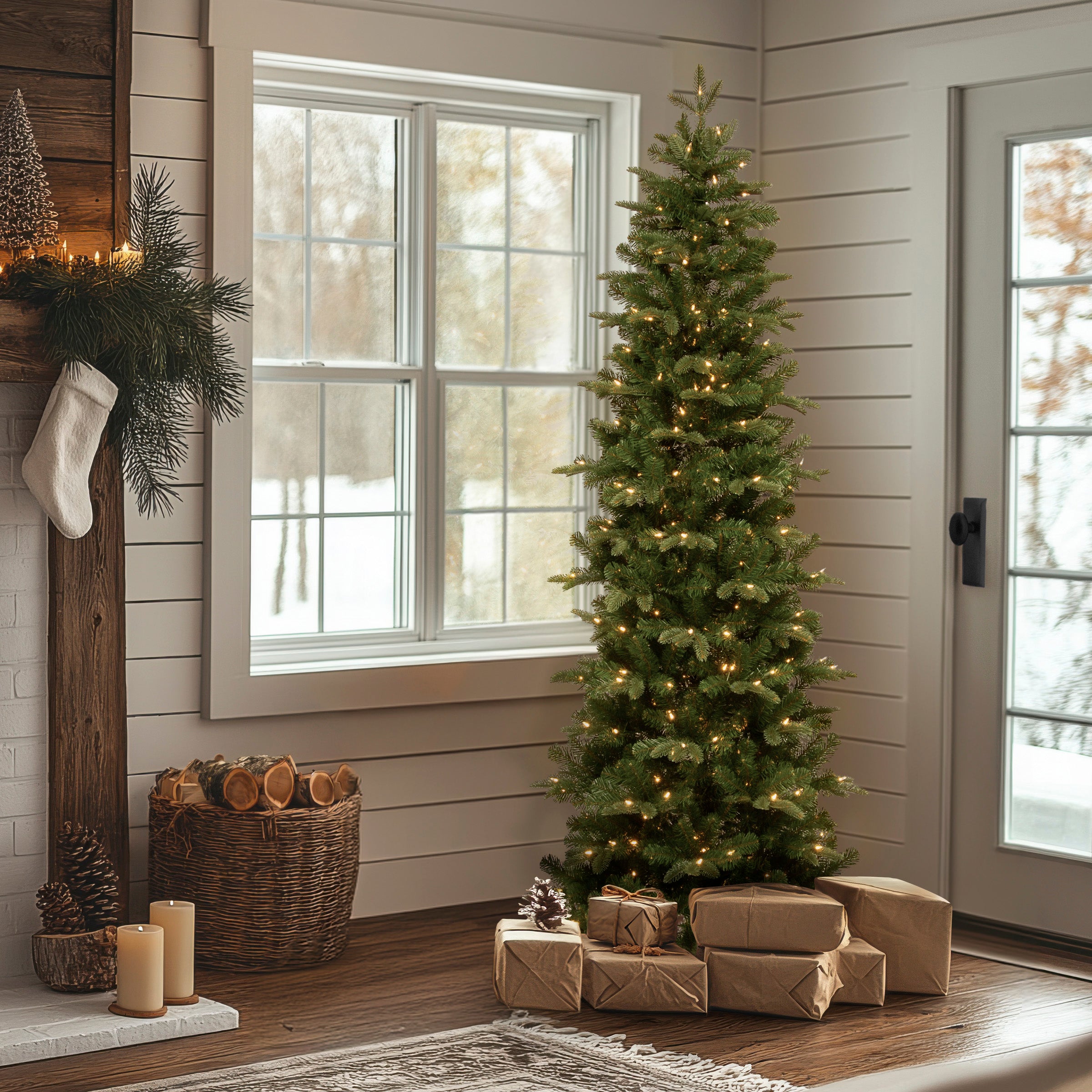 6.5 ft Pre-Lit Prescott Pencil Slim Christmas Tree with 300 Clear LED Lights - Perfect for Small Spaces, Apartments & Office Decor