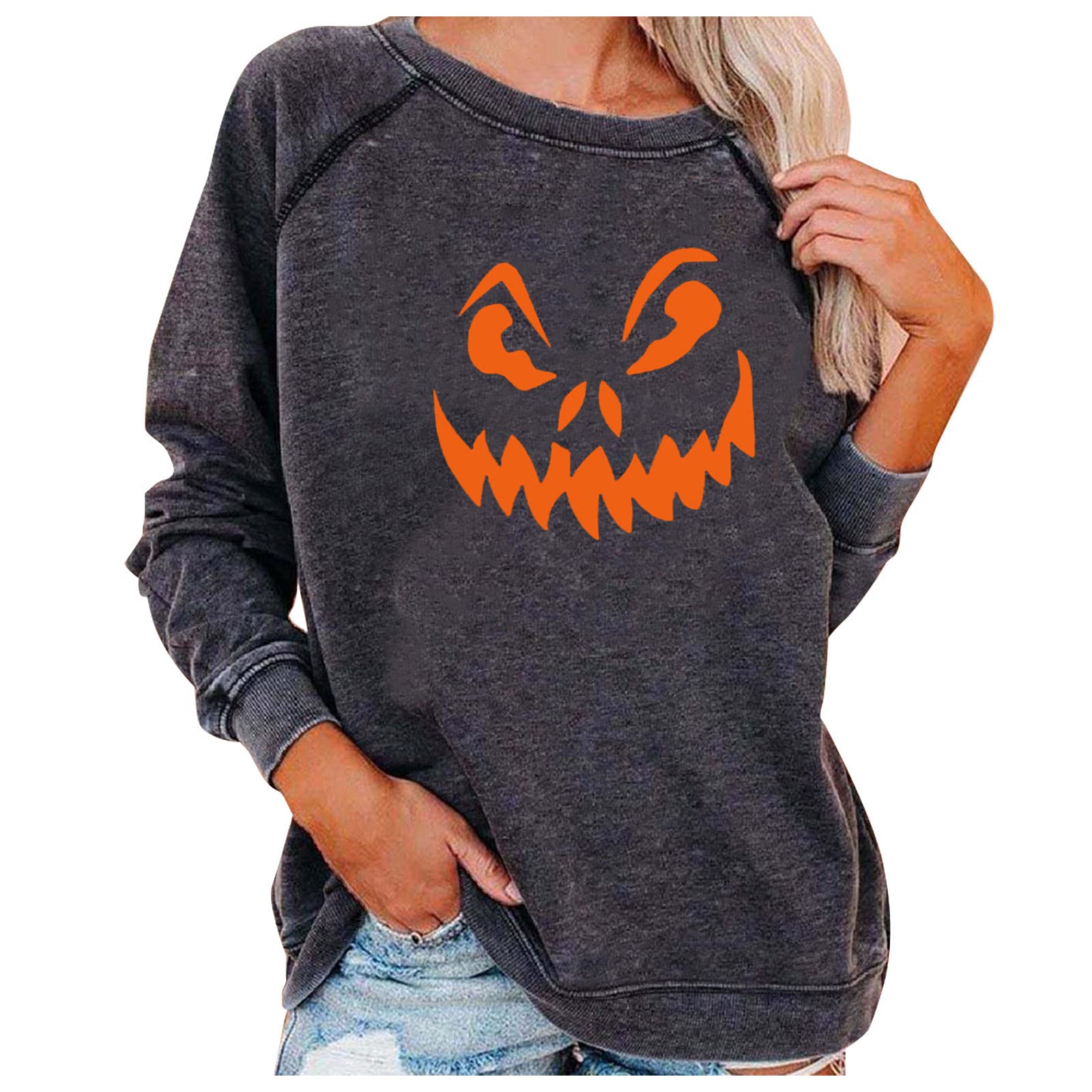 Women's Halloween Pumpkin Print Long Sleeve Sweatshirt - Lightweight Casual Pullover Top for Fall Season, Pumpkin Patch Outing & Cozy Autumn Fashion