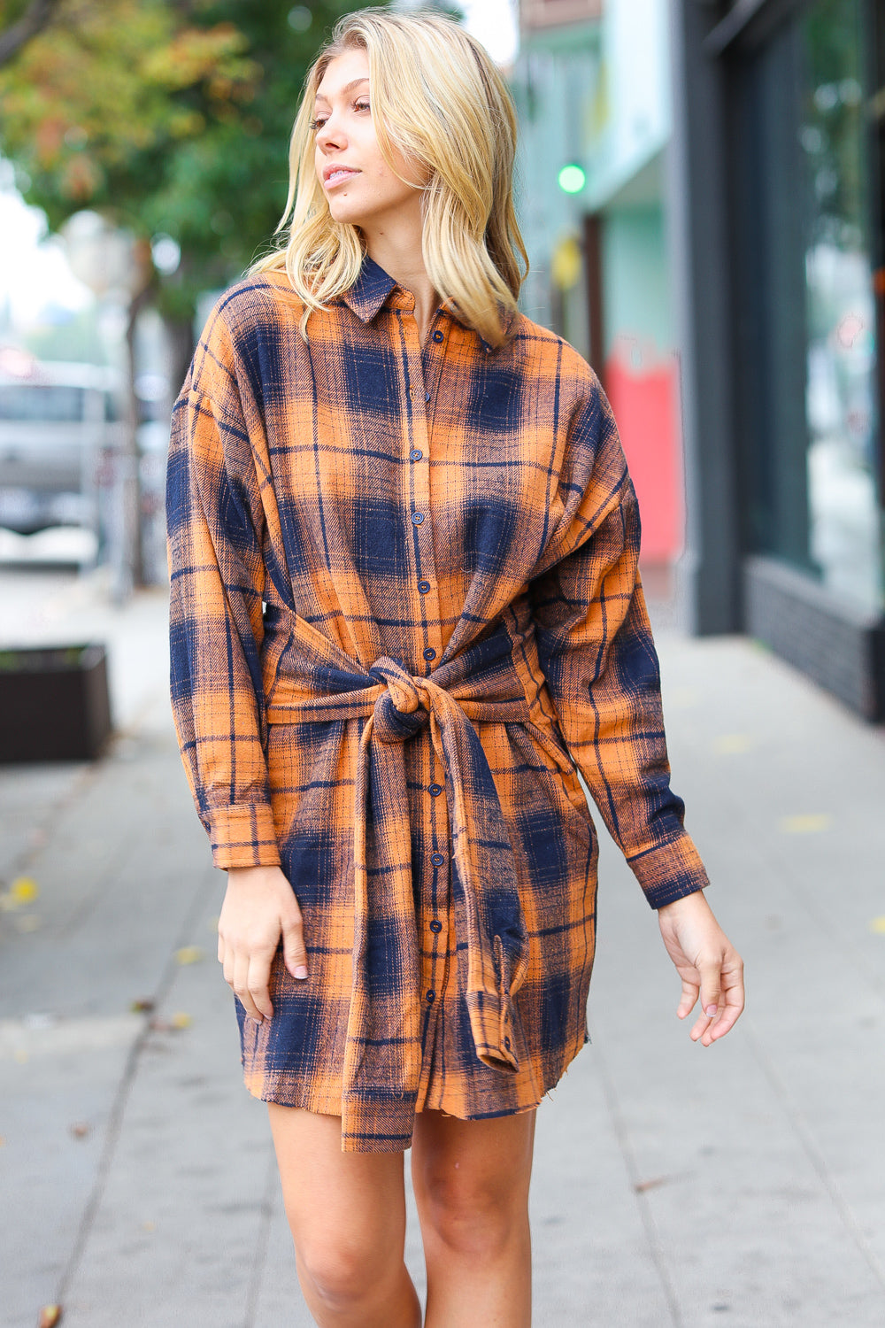 Diva Dreams Navy & Rust Plaid Flannel Button Down Waist Tie Dress for Women | Casual Fall Winter Outfit | Perfect for Office, Date Night & Holiday Parties
