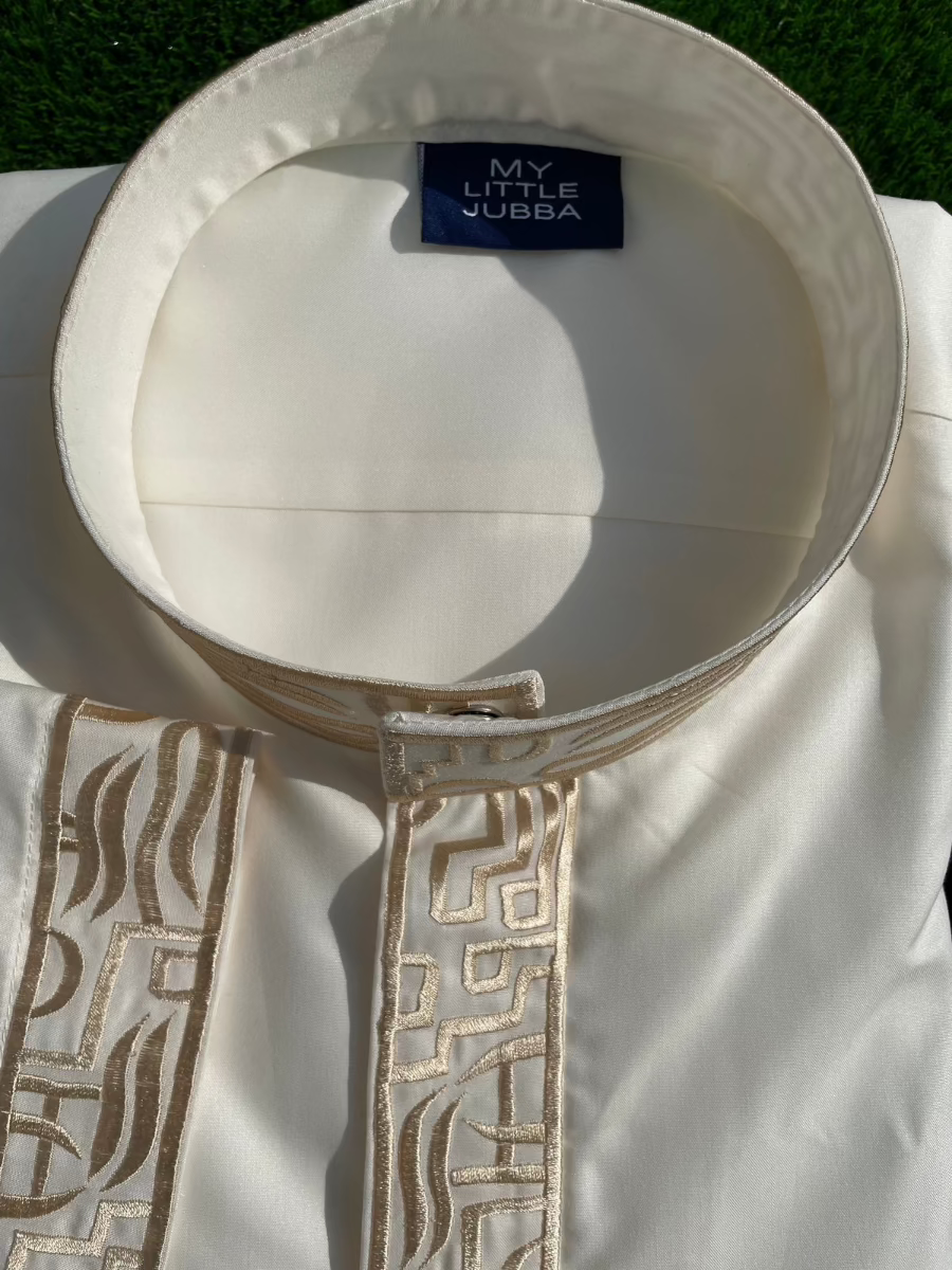 Premium Men's Cream Saudi Thobe with Gold Embroidery - Traditional Islamic Robe for Eid, Wedding & Special Occasions
