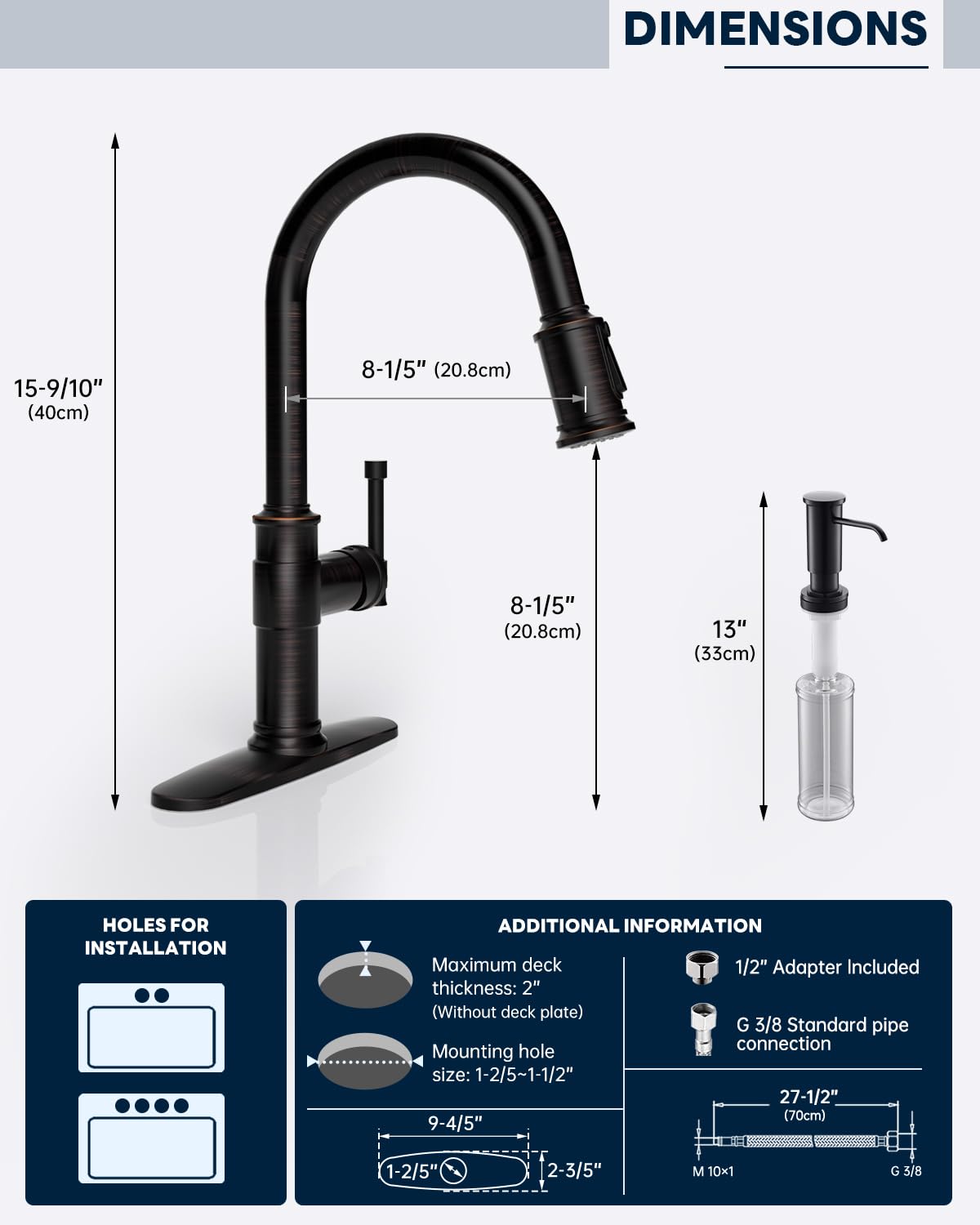 DAYONE Antique Oil Rubbed Bronze Pull Down Kitchen Faucet with Soap Dispenser - 3 Mode Sprayer, Single Handle High Arc Farmhouse Sink Faucet (DAY-APS136-ORB) - Perfect for Modern Farmhouse, Rustic, and Vintage Style Kitchens