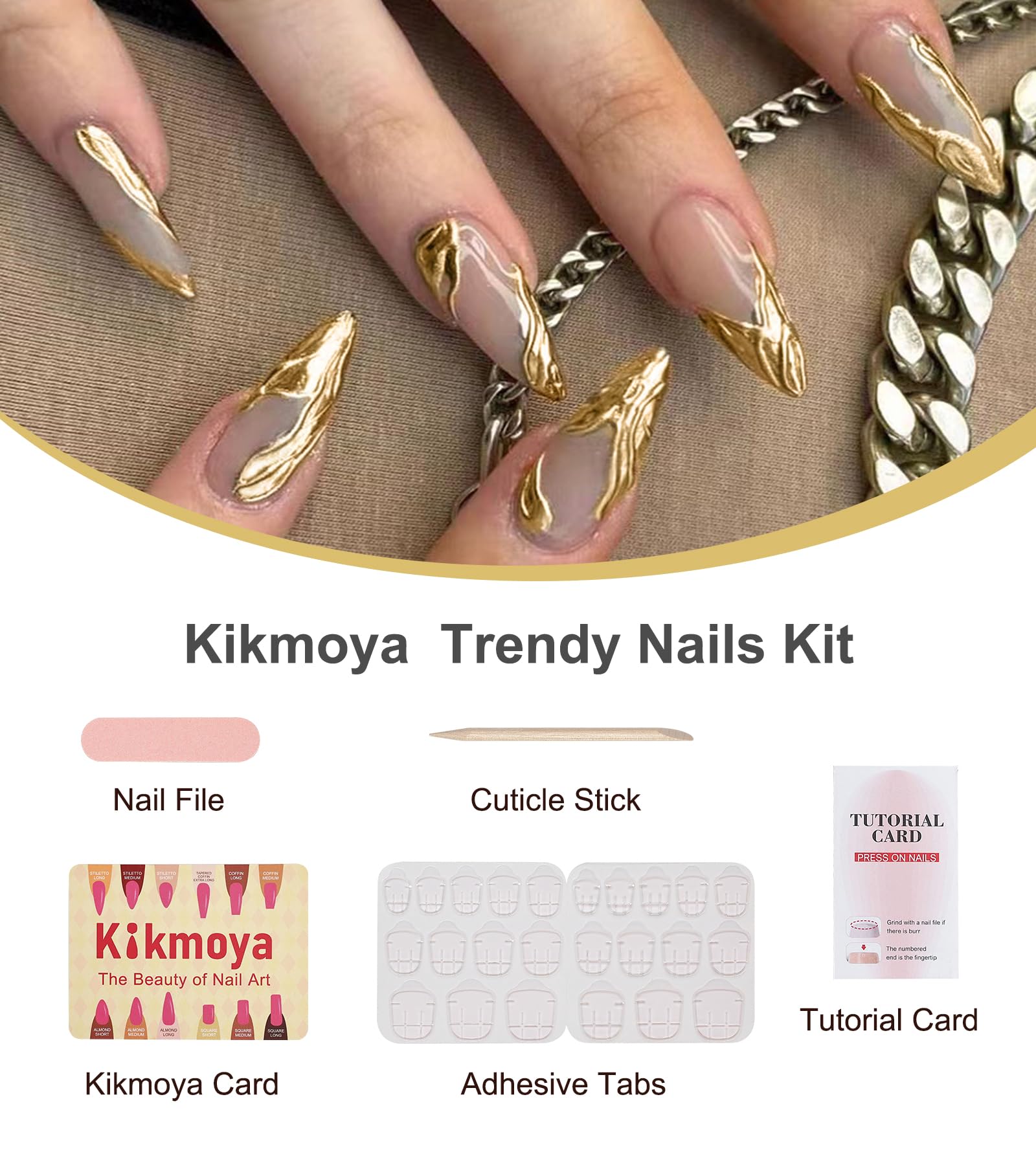 Kikmoya Press on Nails Almond Medium - 3D Gold French Tip False Nails with Charm Designs, Reusable Acrylic Fake Nails, Full Cover Glossy Stick on Nails for Women (24 Pcs in 12 Sizes) - Perfect for Parties, Weddings, Date Nights & Everyday Glam