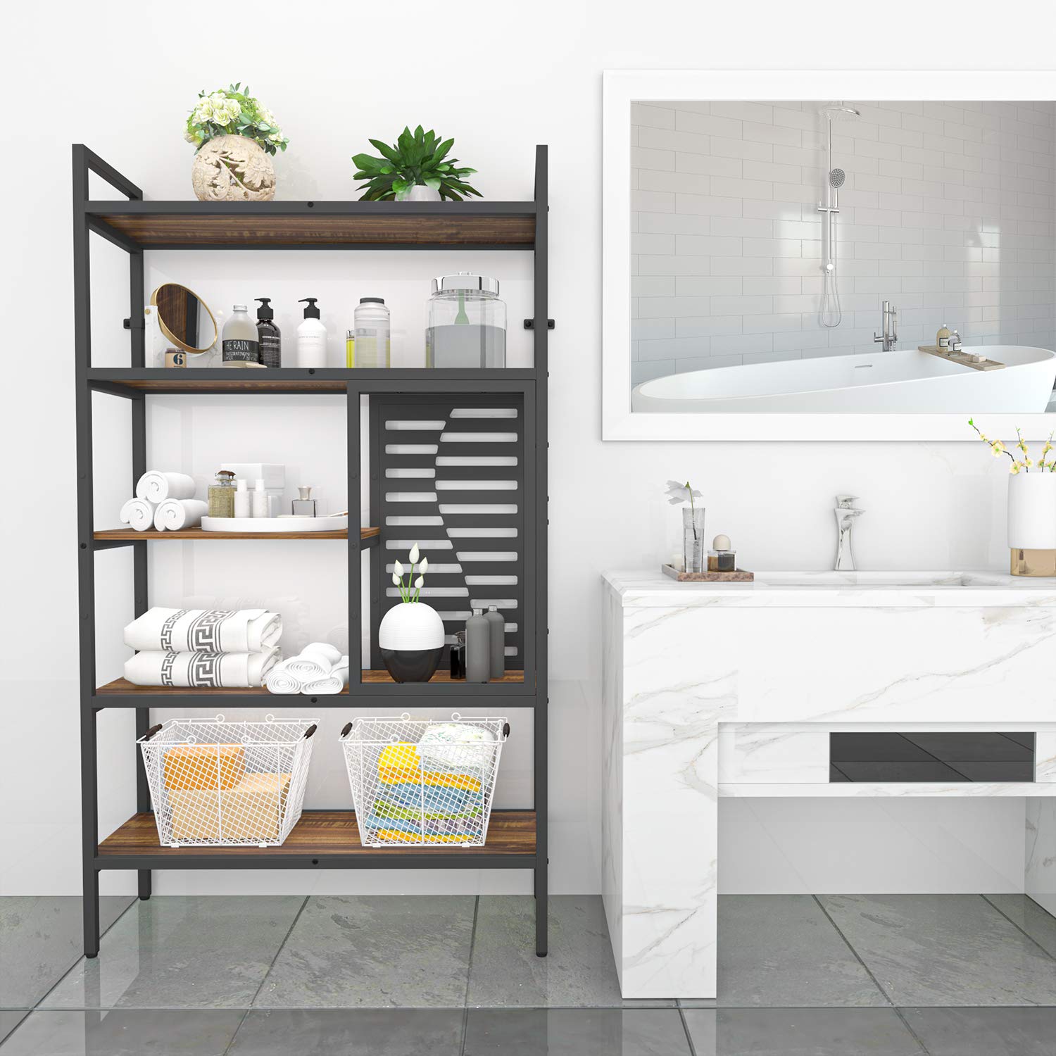 Weehom 5-Tier Adjustable Industrial Bookshelf - Modern Wood Bookcase with Sturdy Metal Frame, Open Storage Shelves for Living Room, Bedroom, Office & Kitchen - Perfect for Organizing Books, Decor & Kitchen Supplies
