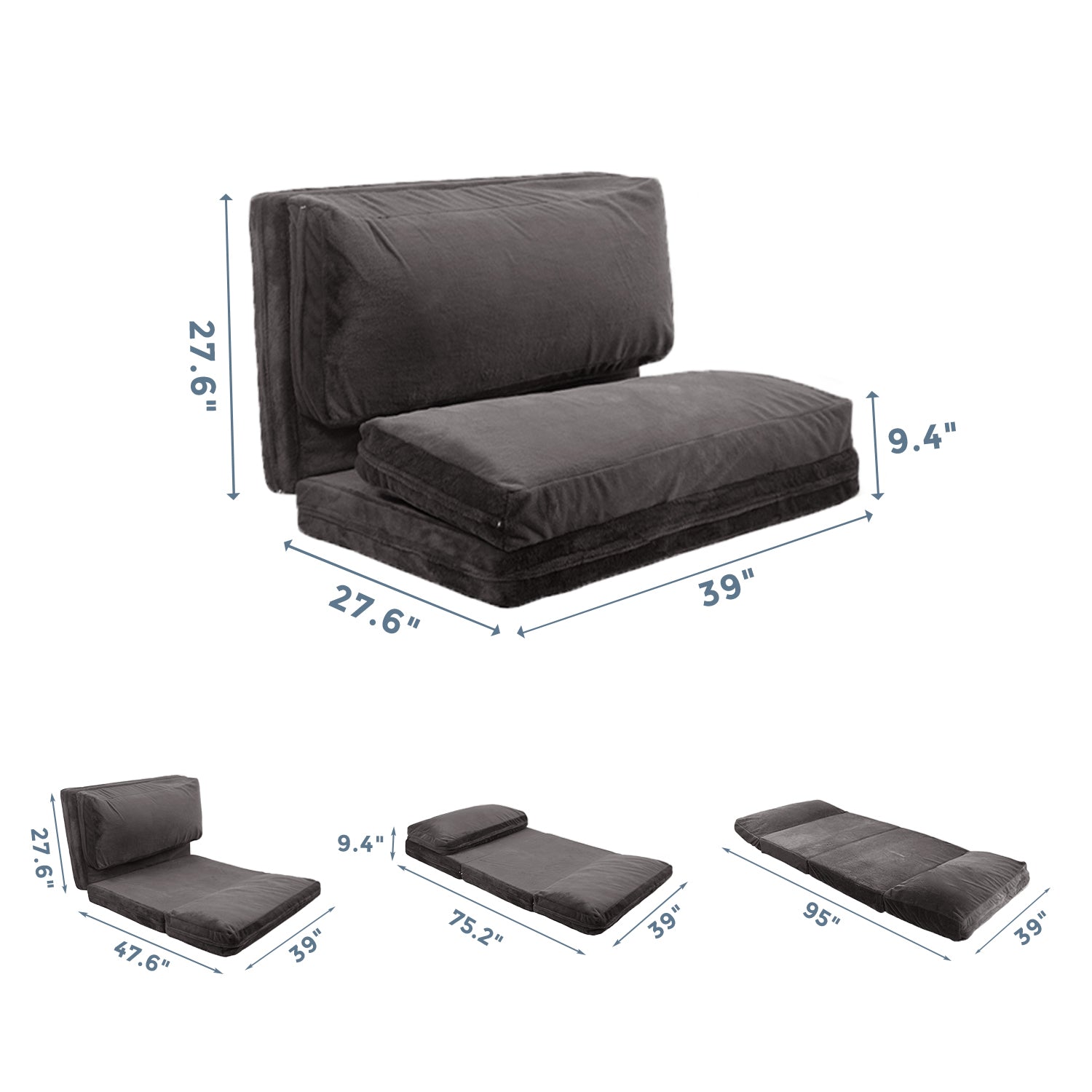 MAXYOYO Bean Bag Folding Sofa Bed - Extra Thick Floor Mattress with Washable Faux Fur Cover (Dark Grey) | Perfect for Living Room, Bedroom, Dorm & Game Room Lounging