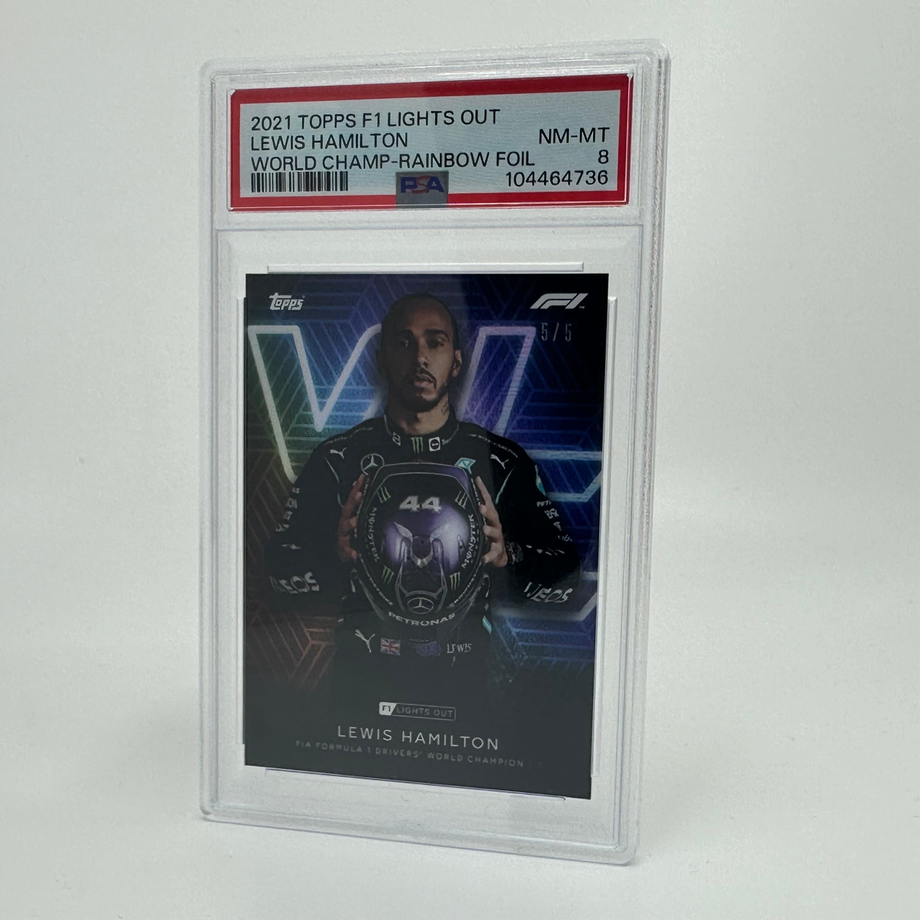 PSA 8 Graded 5/5 Lewis Hamilton Driver World Champion Rainbow Foil Trading Card - Perfect for Collectors, Fans & Sports Memorabilia Enthusiasts