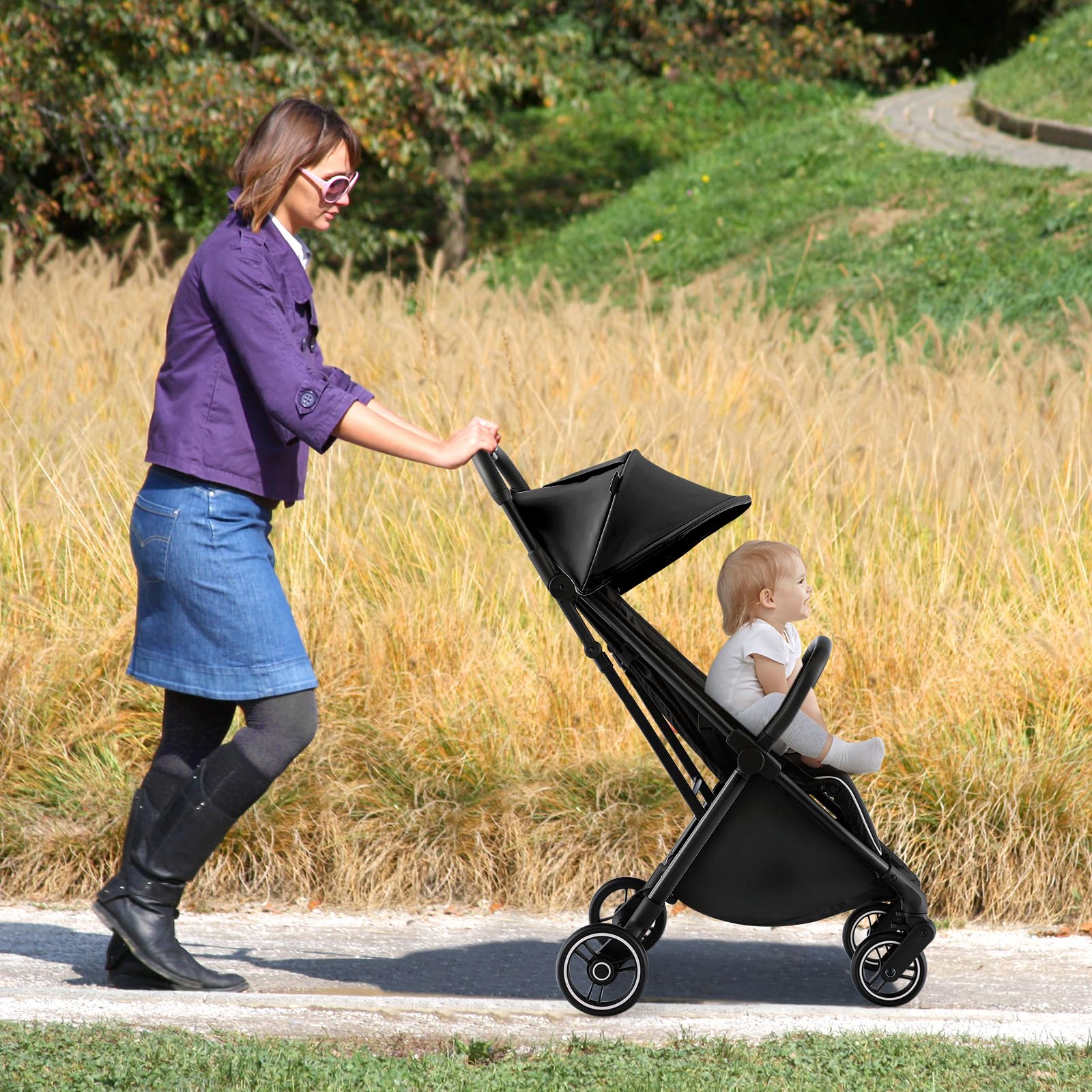 **HONEY JOY Lightweight Baby Stroller - Compact Travel Stroller for Airplane, Fits Cabin & Overhead Bins | One-Hand Gravity Fold, Self-Standing Toddler Stroller with Adjustable Backrest & Canopy (Black) | Perfect for Air Travel, Shopping, and Daily Walks**