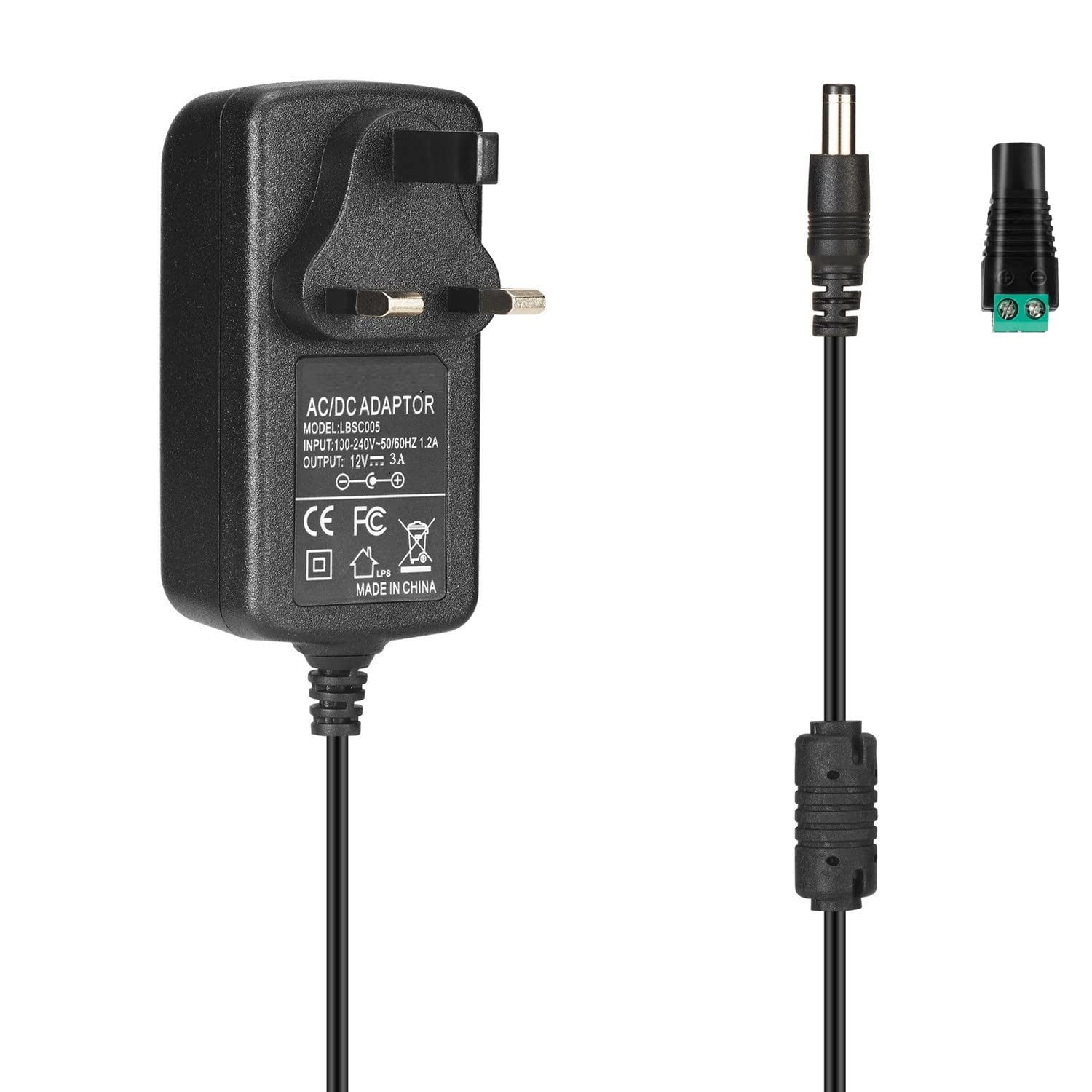 12V 3A LED Strip Light Power Supply Adapter with UK Plug - Compatible with SMD 3528/5050 LED Strips, CCTV Cameras, LCD Monitors & Routers - Durable Black Power Converter for Home & Office Lighting Solutions