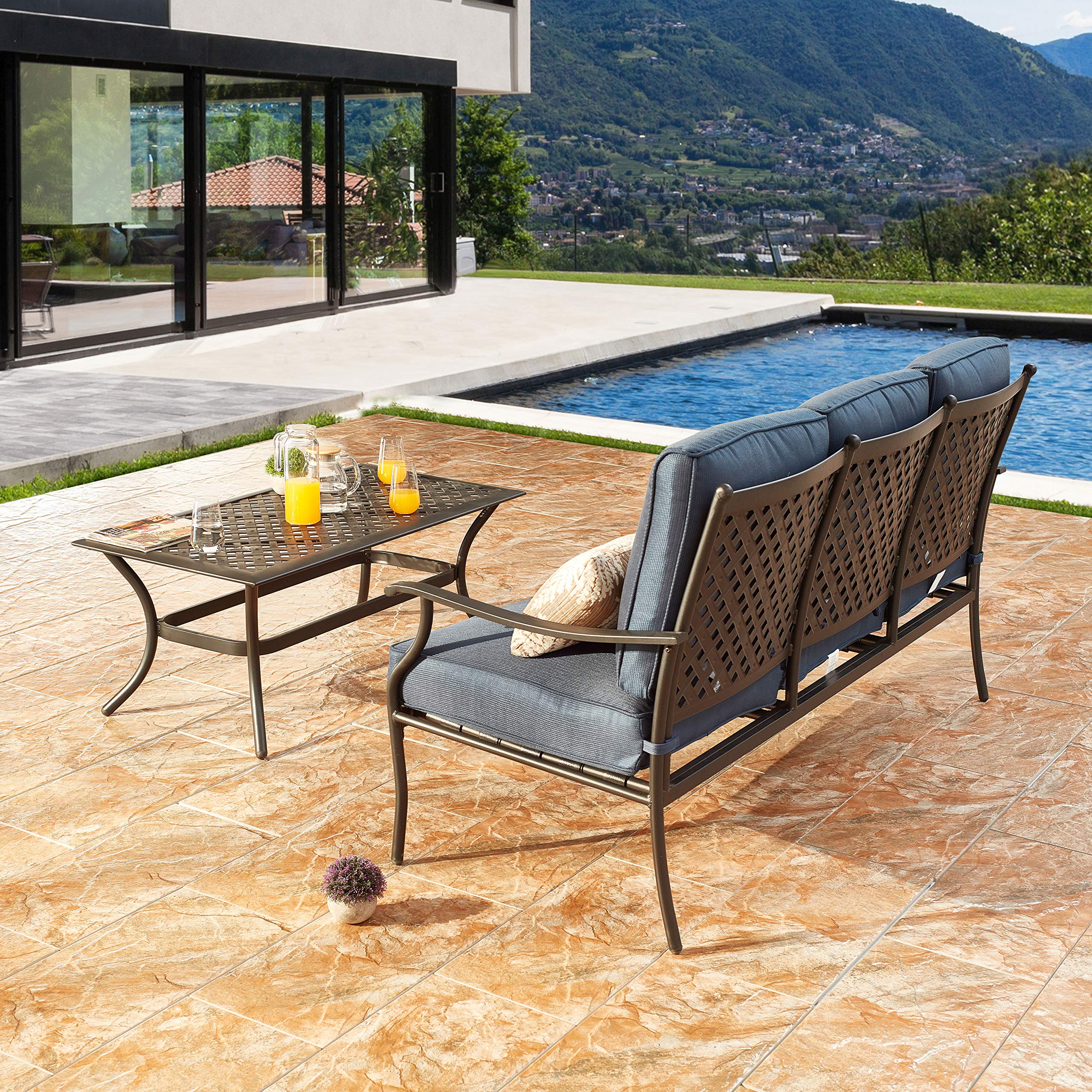 LOKATSE HOME 3-Seat Metal Outdoor Loveseat Bench with Coffee Table - Patio Bistro Set for Garden, Yard, Porch or Poolside - Durable Weather-Resistant Blue Steel Furniture (Perfect for Relaxing, Entertaining Guests & Outdoor Dining)