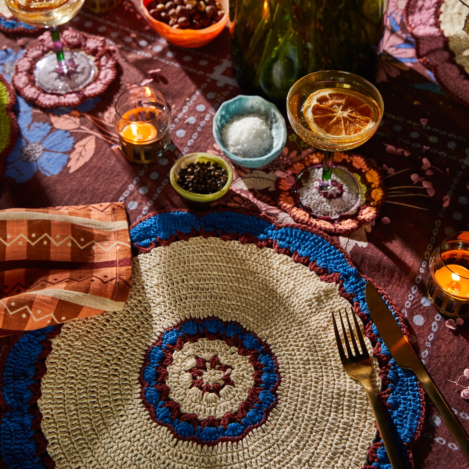 Handmade Hema Crochet Coaster Set - 6 Pack Boho Style Cotton Drink Coasters for Coffee Table, Dining Table & Home Decor - Perfect for Hot & Cold Beverages