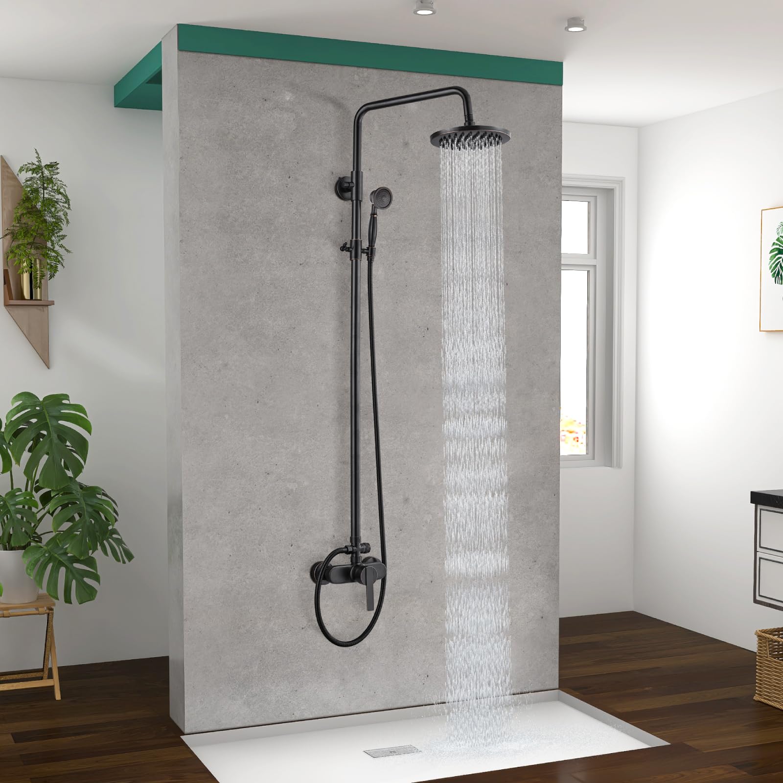 Oil Rubbed Bronze Exposed Pipe Shower System - 8 Inch Rainfall Shower Head & Handheld Sprayer Combo Set - Single Handle Brass Bathroom Faucet with Dual Functions - Perfect for Modern & Vintage Bathroom Renovations
