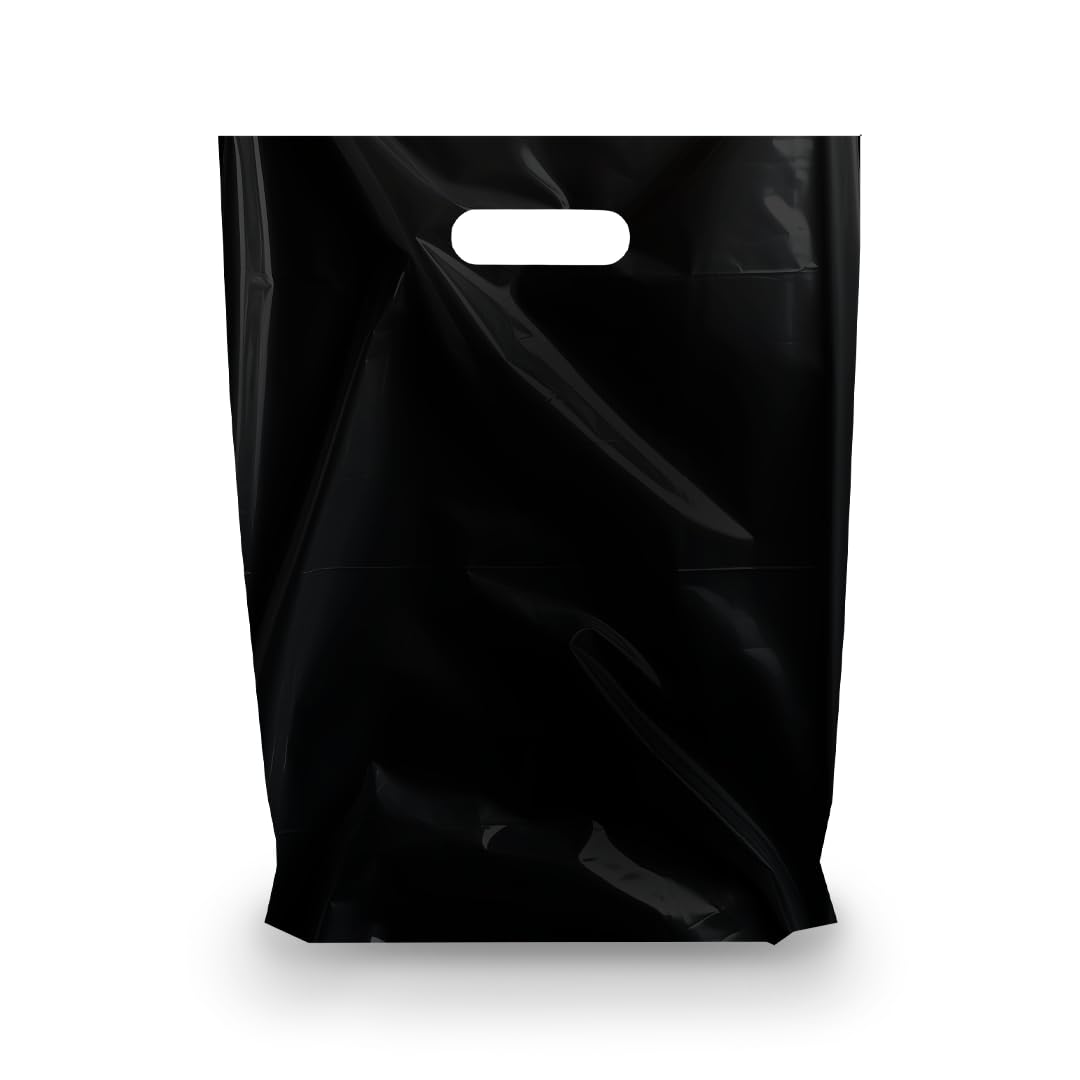100 Pack 12x15 Inch Black Merchandise Bags with Die-Cut Handles - Strong, Durable & Tear-Resistant Shopping Bags for Retail Stores, Boutiques, Trade Shows & Gift Packaging - Perfect for Clothing, Jewelry & Event Giveaways
