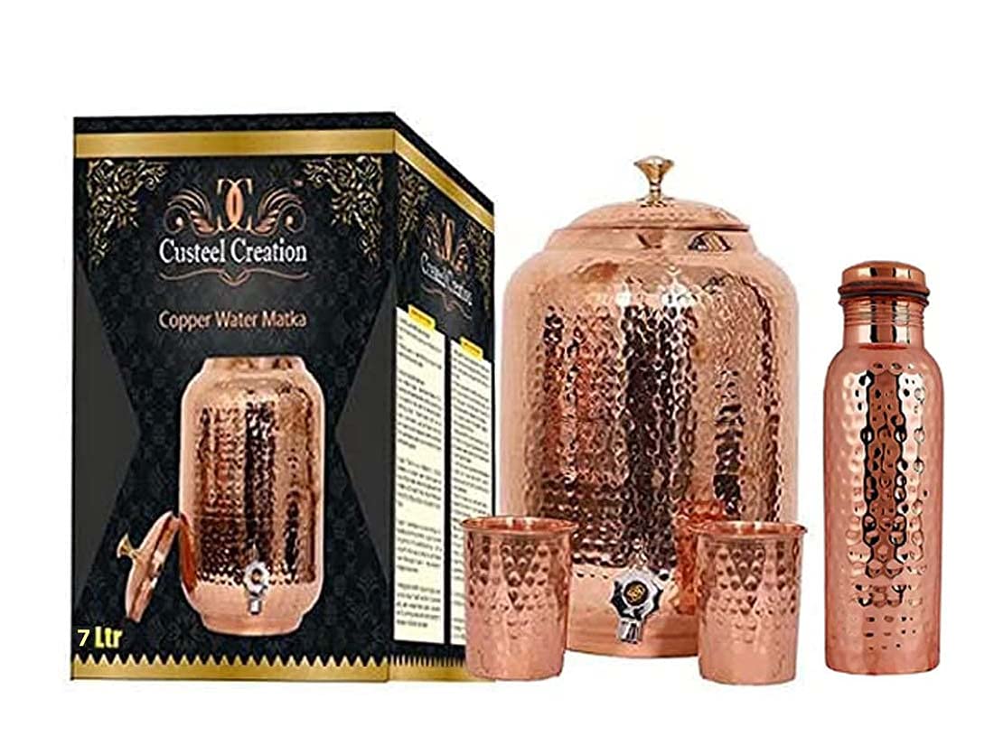 Hammered Copper Water Dispenser & Storage Pot - 4L/5L/7L/8L Capacity with 1 Tank, 2 Glasses & 1 Bottle (7L Set) | Traditional Matka Vessel for Home, Office & Outdoor Use | Natural Water Cooling & Purification