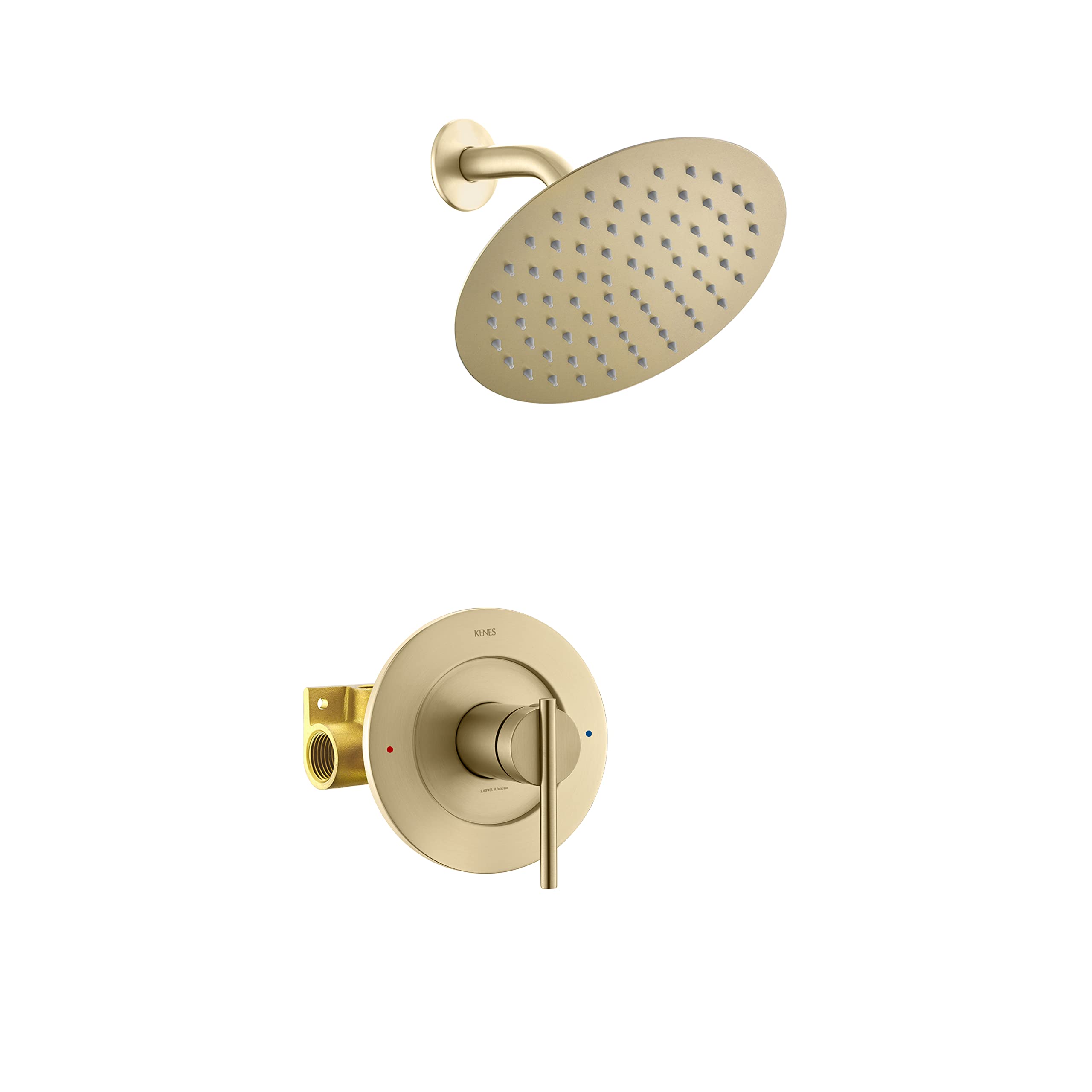 KENES Brushed Gold Shower Faucet Set - Modern 8 Inch Stainless Steel Rain Shower Head with Single Handle Wall Mount Bathroom Trim Kit (Includes Shower Valve) - Perfect for Spa-Like Luxury Showers and Contemporary Bathroom Upgrades