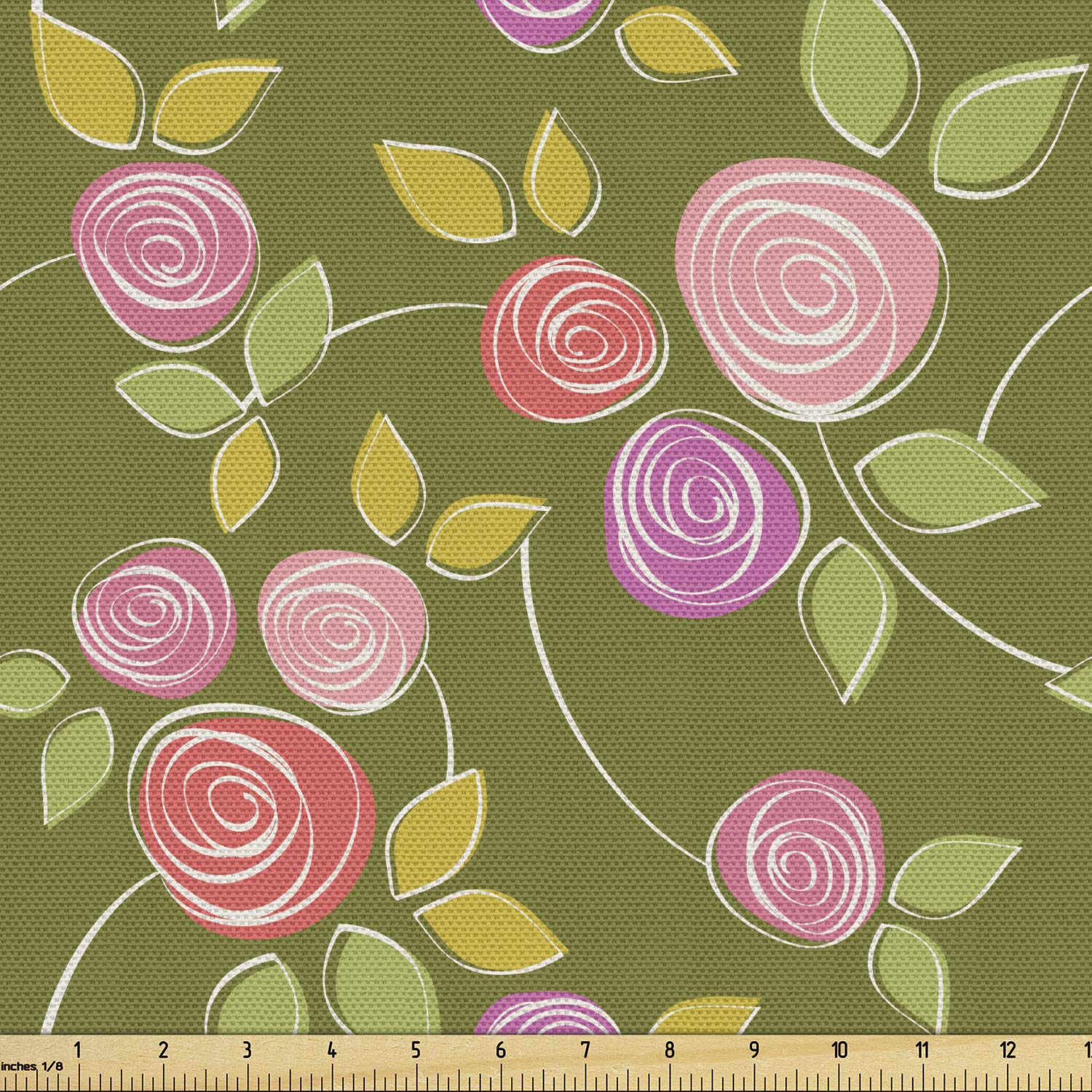 Ambesonne Rose Fabric by The Yard - Simplistic Sketch Rose Buds Spiral Petals with Curvy Stems Continuous Pattern | Decorative Upholstery & Home Decor Fabric | 1 Yard Multicolor | Perfect for DIY Projects, Curtains, Pillows & Furniture Covering