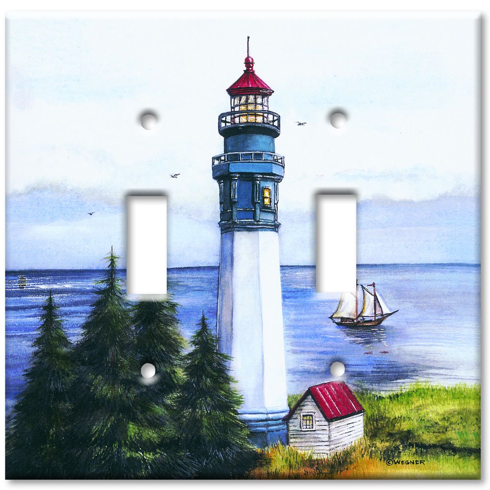 Decorative Metal Wall Plate - Double Gang Toggle Art Plates with Lighthouse Design - Made in USA - Perfect for Home, Office & Restaurant Decor