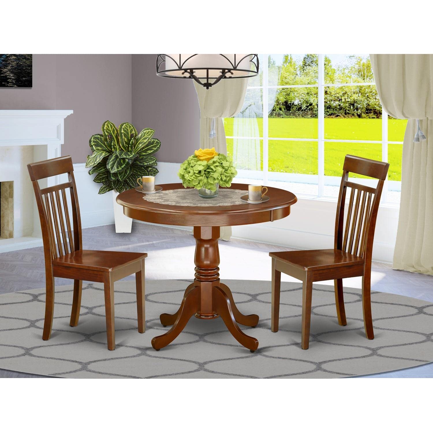 East West Furniture ANCA3-MAH-W 3-Piece Round Dining Table Set with Pedestal Base & 2 Chairs - 36x36 Inch Mahogany - Space-Saving Kitchen & Small Apartment Dining Solution for Breakfast Nooks, Compact Kitchens & Cozy Dining Areas