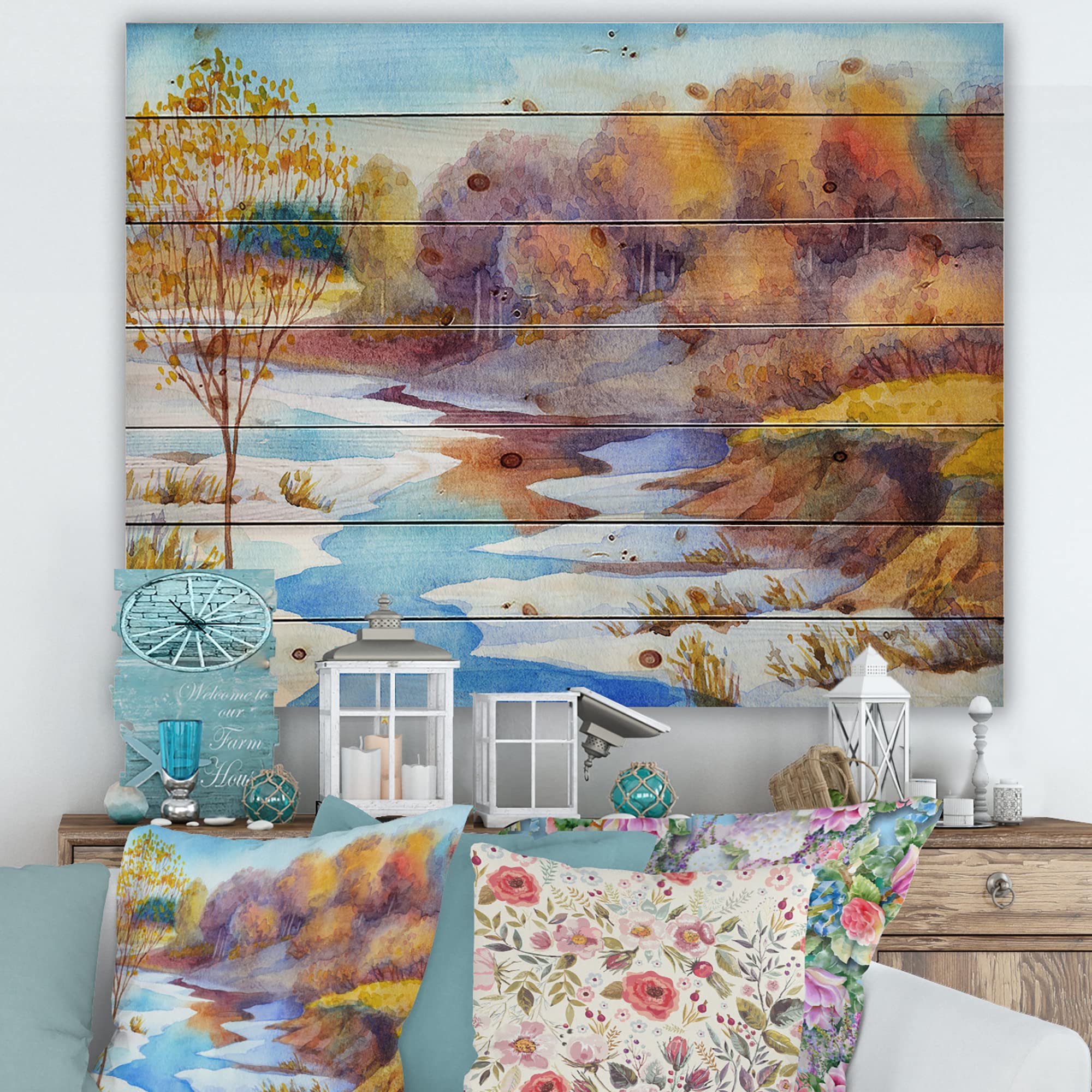 DesignQ Winter Forest Valley Lake House Wood Wall Decor - Blue Landscape Wood Art Panel, Large Pine Wood Wall Art for Living Room, Bedroom & Office Decor