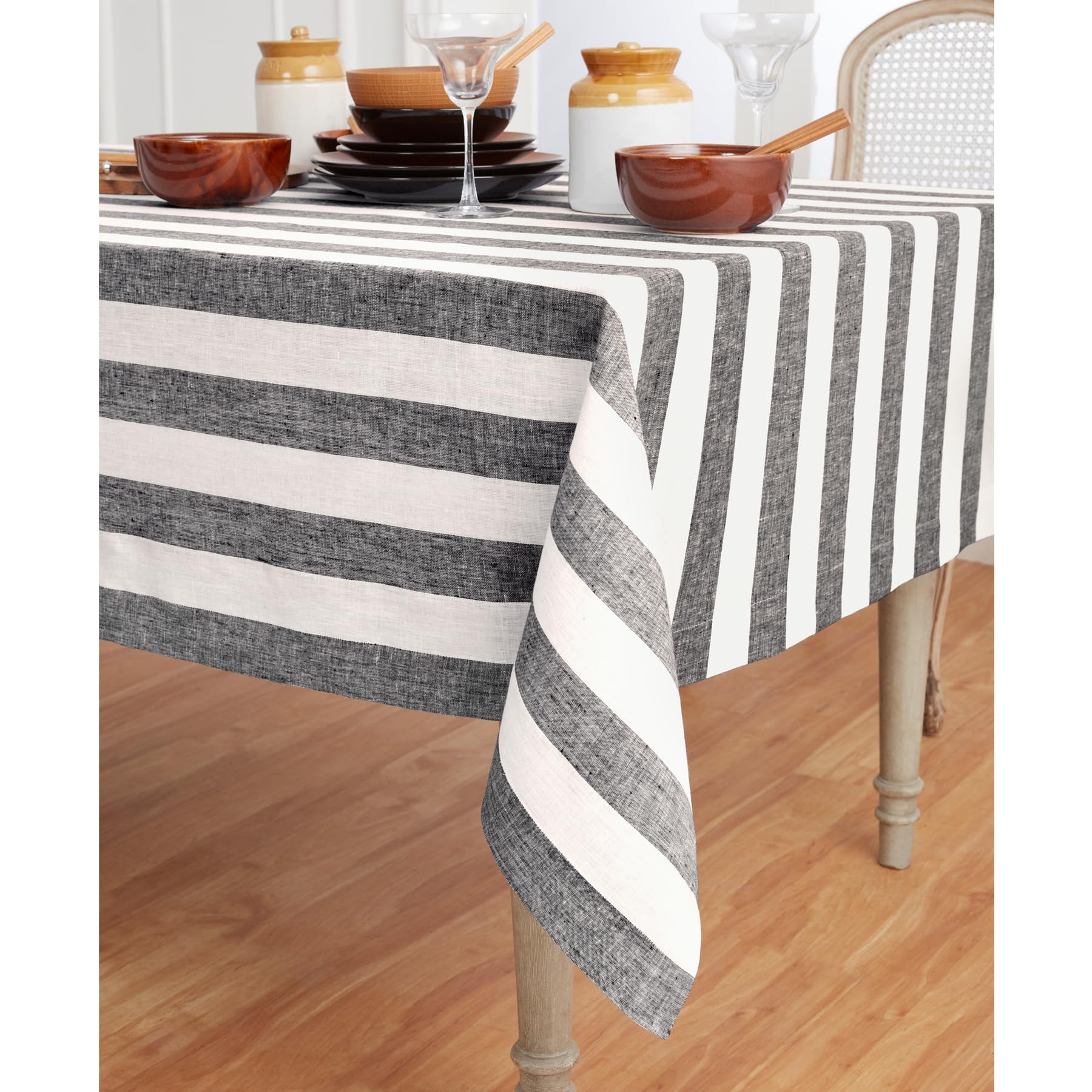 Solino Home 100% Pure Linen Tablecloth 60x108 Inch - Black & White Cabana Stripe Design | Machine Washable & Handcrafted | Perfect for Spring Decor, Easter Table Setting, Mother's Day Gift & Dining Room Elegance