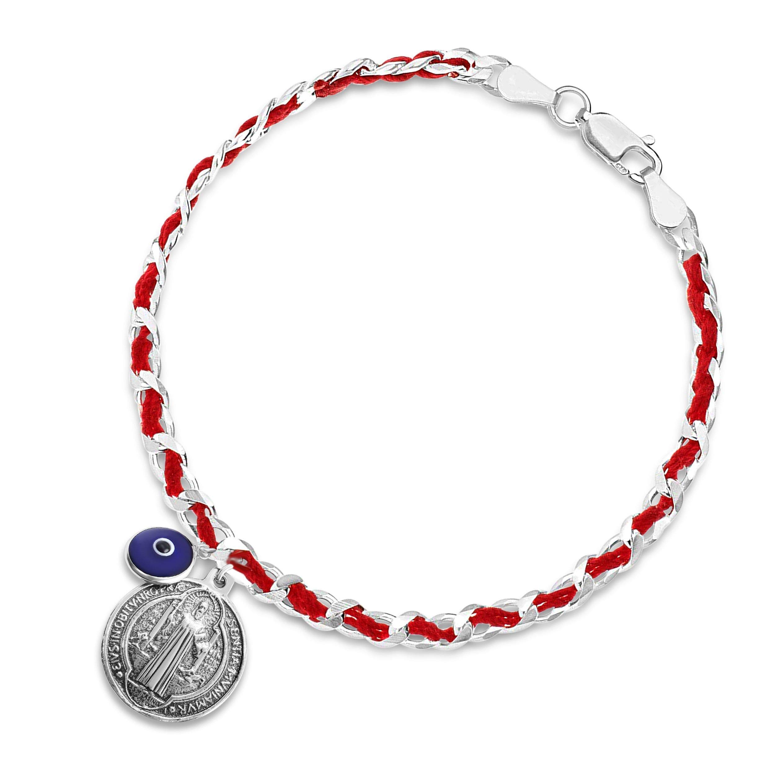 Saint Benedict Red String & Blue Evil Eye Protection Bracelet in Sterling Silver - Spiritual Jewelry for Good Luck & Warding Off Negativity