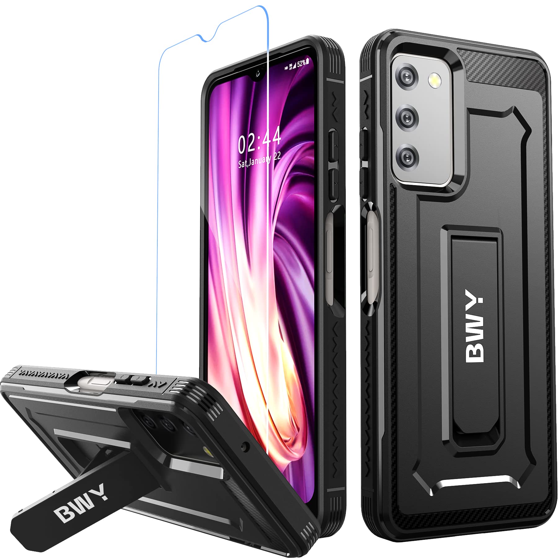 Military Grade Protective Case for Samsung A03S 5G/4G Phone - Shockproof Bumper Cover with Built-in Kickstand & Screen Protector | Perfect for Outdoor Activities, Travel, and Daily Protection (Black)
