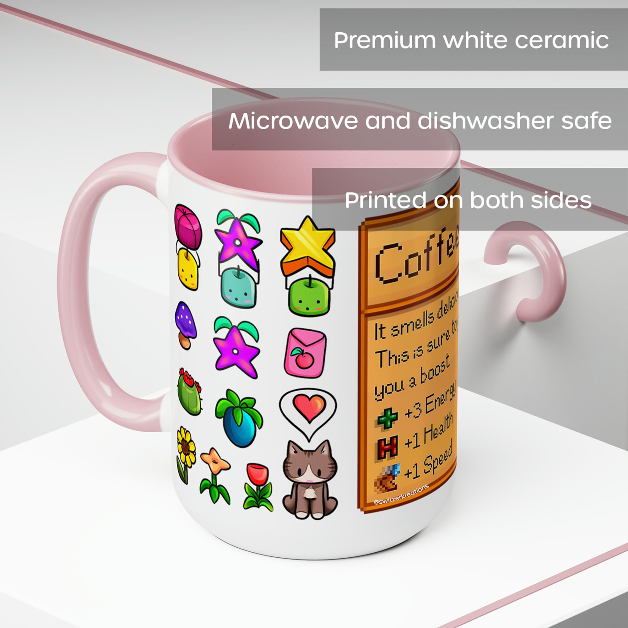Stardew Valley Ceramic Coffee Mug with Pink Handle - 15oz Video Game Themed Cup for Tea & Coffee - Perfect Gamer Gift for Stardew Valley Fans - Ideal for Home, Office & Gaming Setup