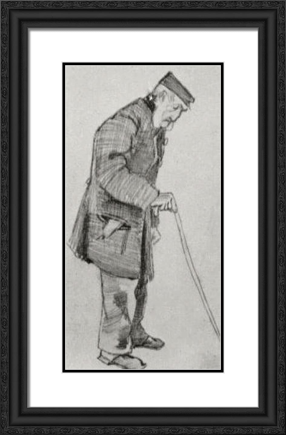 Van Gogh Orphan Man With Cap and Walking Stick - 16x24 Black Ornate Framed Art Print with Double Matting - Wall Decor for Living Room, Bedroom & Office