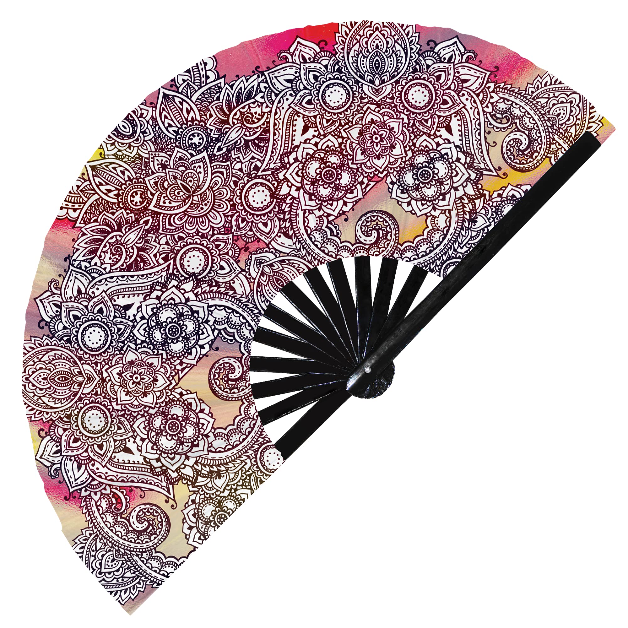 Foldable UV Glow Hand Fan - Colorful Holographic Psychedelic Design for Henna Tattoo Art & Rave Parties | Large Iridescent UV Reactive Fan for Festivals, Concerts & Summer Cooling (Style 2)