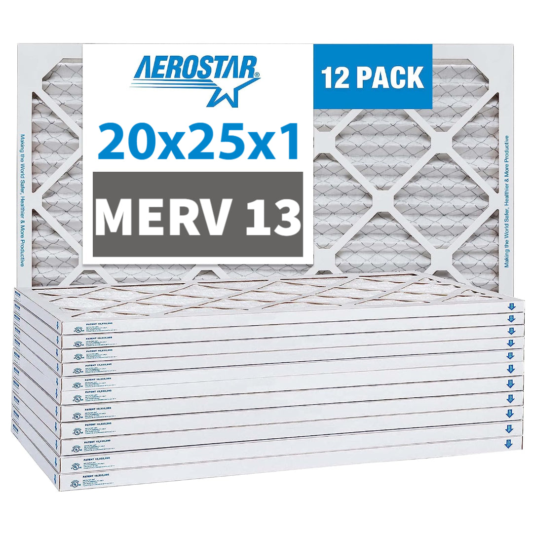 Aerostar 20x25x1 MERV 13 Pleated Air Filters - 12 Pack | High Efficiency HVAC Furnace & AC Filters for Home, Office & Commercial Use | Traps Dust, Pollen & Allergens