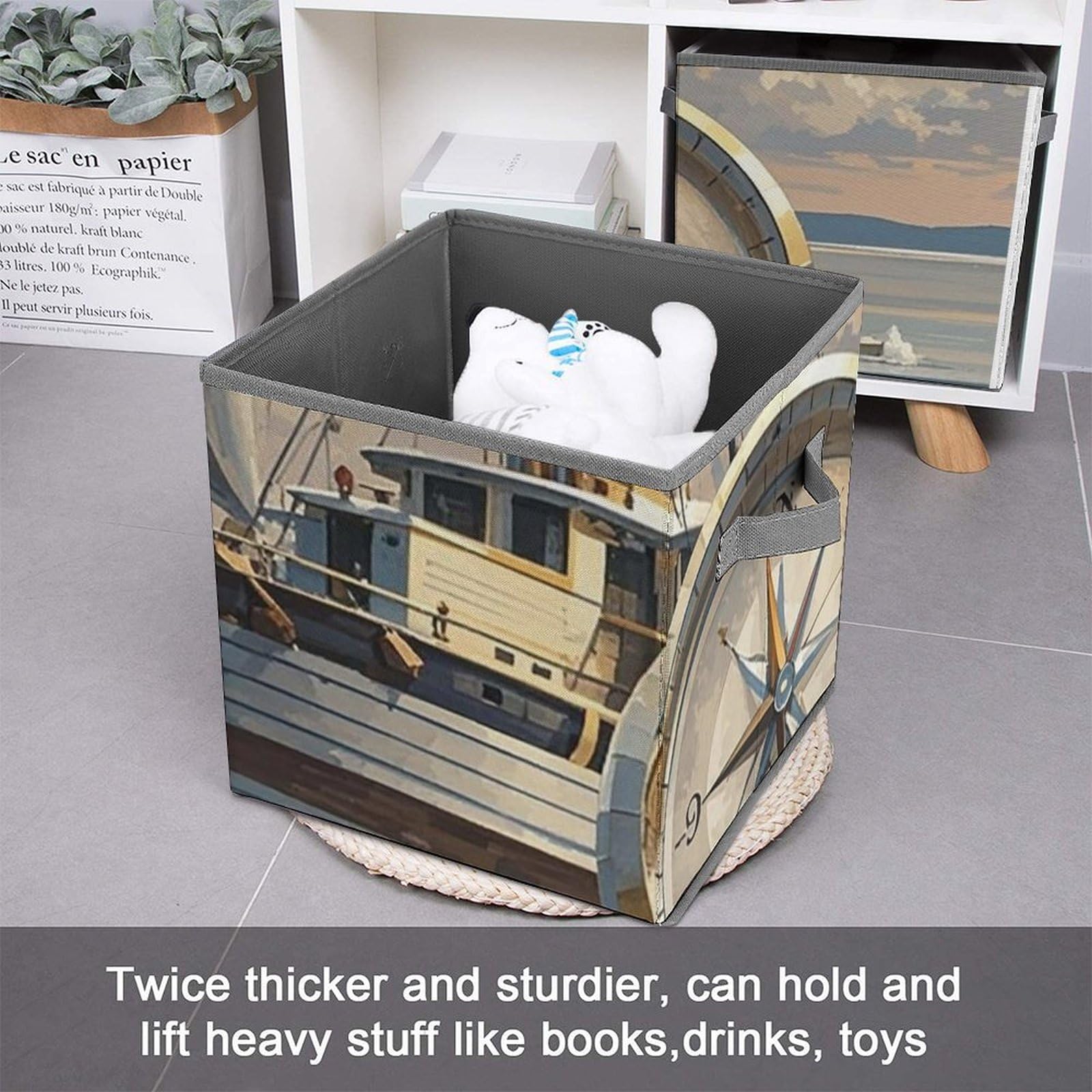Collapsible Storage Bins with Handles - Ship & Compass Printed Organizing Baskets for Home, Office, Closet, and Pantry Organization - Space Saving Storage Containers for Toys, Clothes, and Household Items