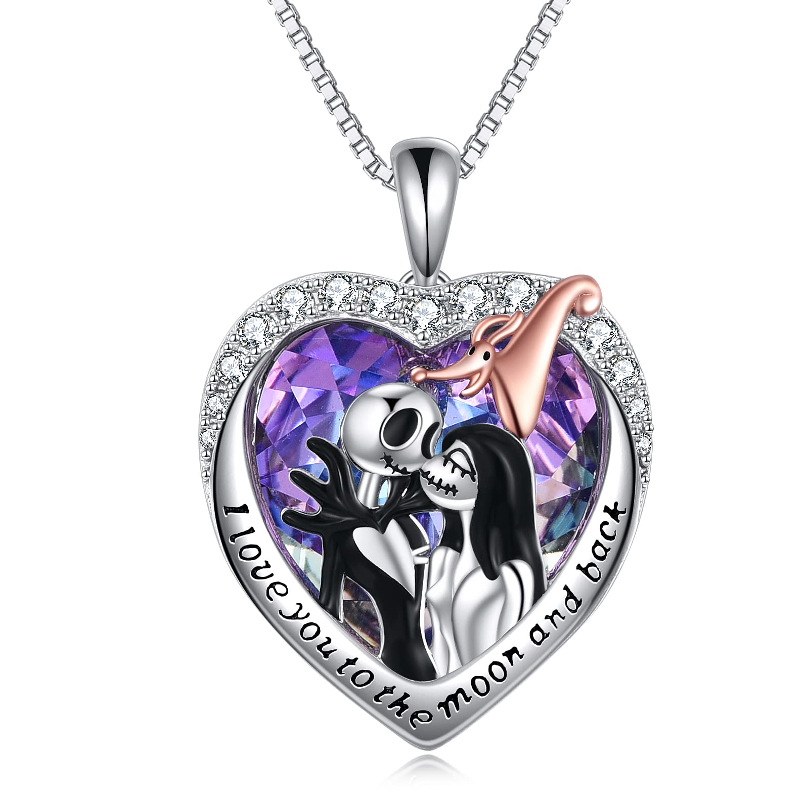 LILALO Sterling Silver Abalone Shell Crystal Necklace - Jack and Sally Skull Heart Pendant Jewelry | Perfect Christmas & Birthday Gift for Women, Wife, Daughter | I Love You to The Moon and Back | Gothic Fashion & Movie-Inspired Accessory for Halloween, Cosplay & Everyday Wear