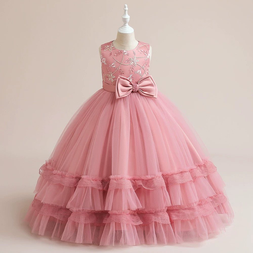 Pink Princess Round Floor Length Satin Flower Girl Dress for Weddings, Baptisms & Special Occasions