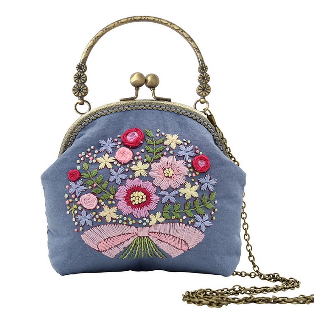 Gogobear DIY Embroidery Kit for Bags - Blue Floral Handmade Crossbody Purse & Wallet Set | Perfect for Women's Fashion Accessories, Gift Ideas, and Craft Projects